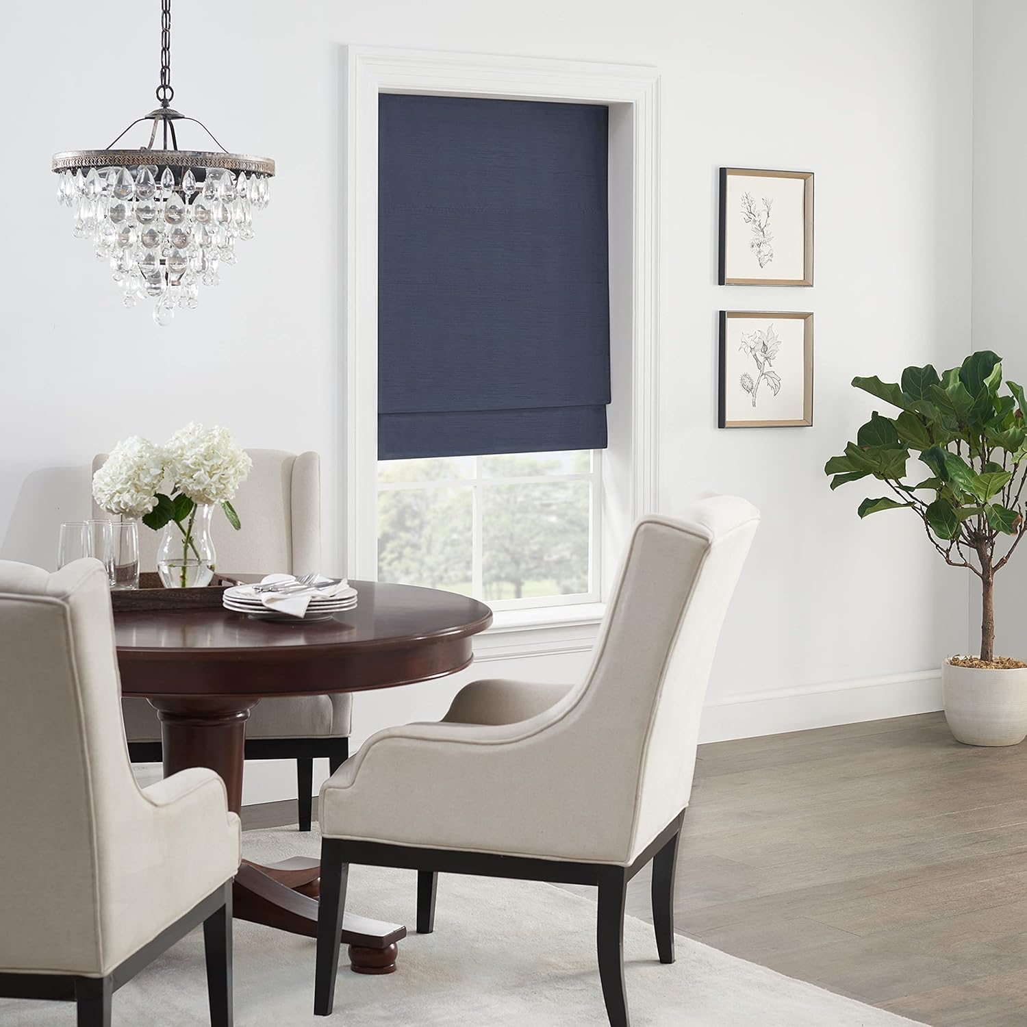 ECLIPSE Faux Silk Roman Shade for Windows, Cordless 100% Blackout Shades 36 in Wide x 64 in Long, Noise Reducing, Energy Efficient and Solid Silk-Like Window Shades for Living Room, Bedroom, Indigo
