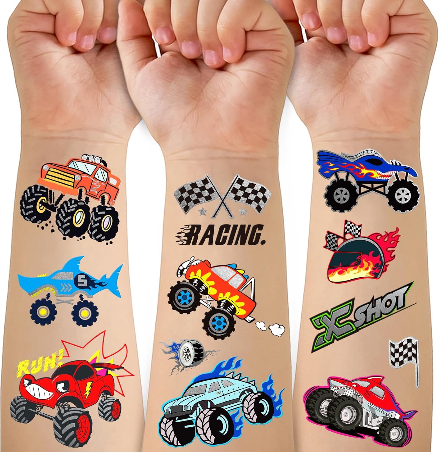 75 PCS Truck Temporary Tattoo for Kids, Groovy Metallic Styles Tattoos for Truck Birthday Party Supplies -Racing Car Checkered Flag Trophy Flames Wheel Fake Tattoo Stickers for 5 6 7 8 Years Old Boys