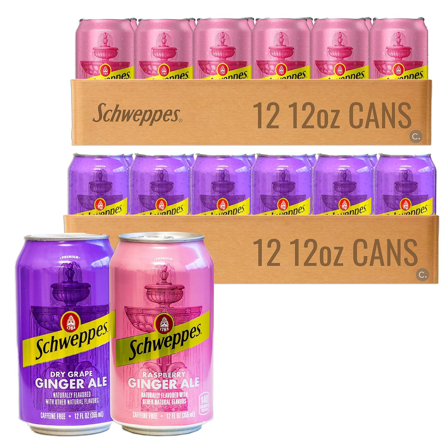 Dry Grape Ginger Ale (12, 12oz cans) - Raspberry Ginger Ale (12, 12oz cans) - Variety Pack - Refreshingly Delicious - 24, 12oz Cans Total