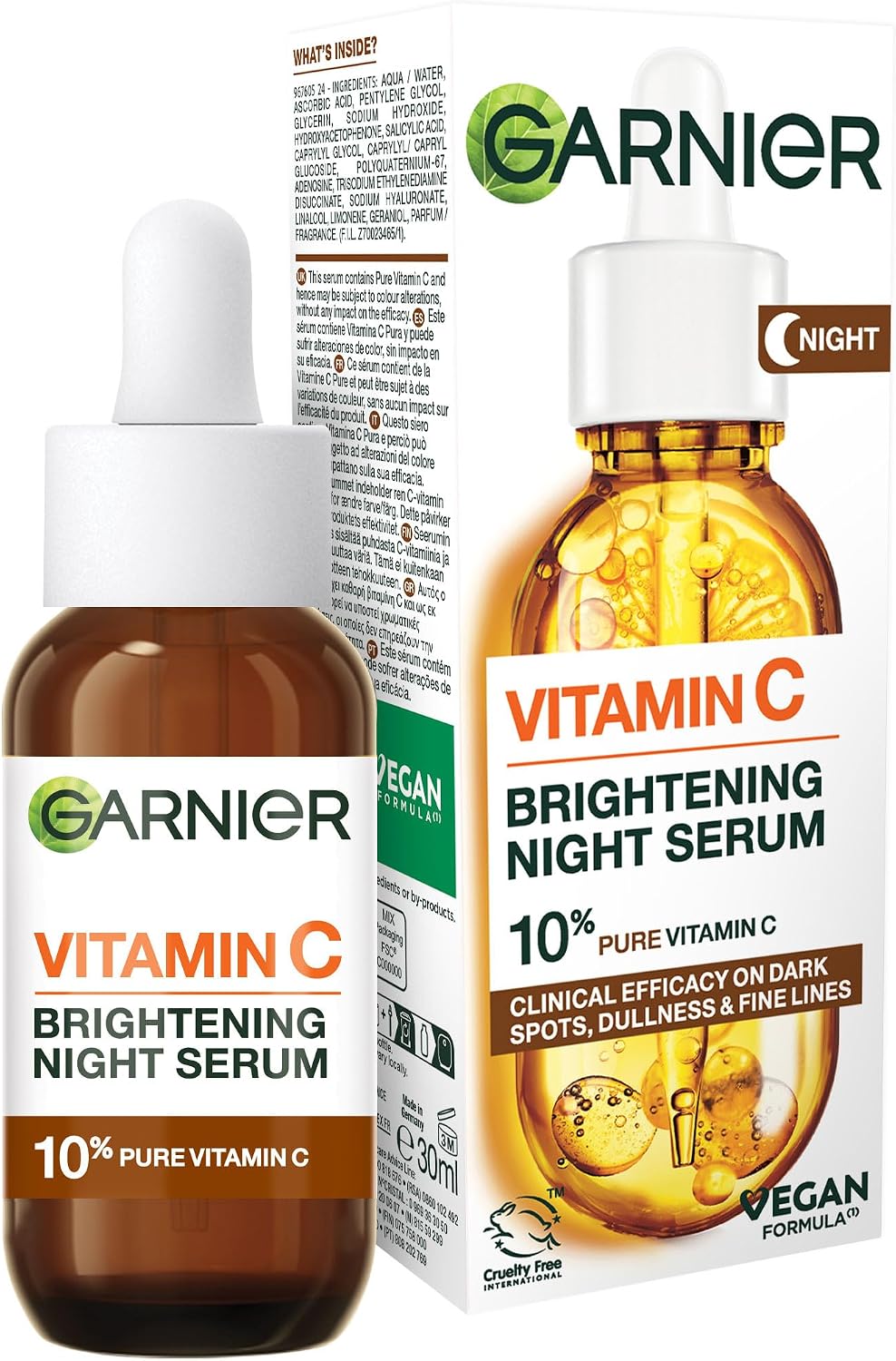 Garnier Targeted Anti Dark Spot Night Serum for Face, with 10% Pure Vitamin C & Hyaluronic Acid, Anti Pigmentation & Dullness, For All Skin Types, Approved by Cruelty Free International, Vegan, 30 ml