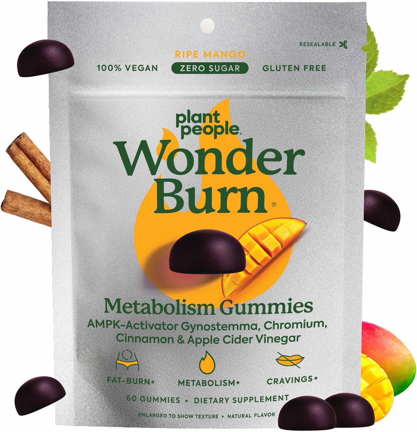 Plant People WonderBurn Metabolism & Cravings Control Gummies, Zero Sugar, Ripe Mango Flavor (60 Count)