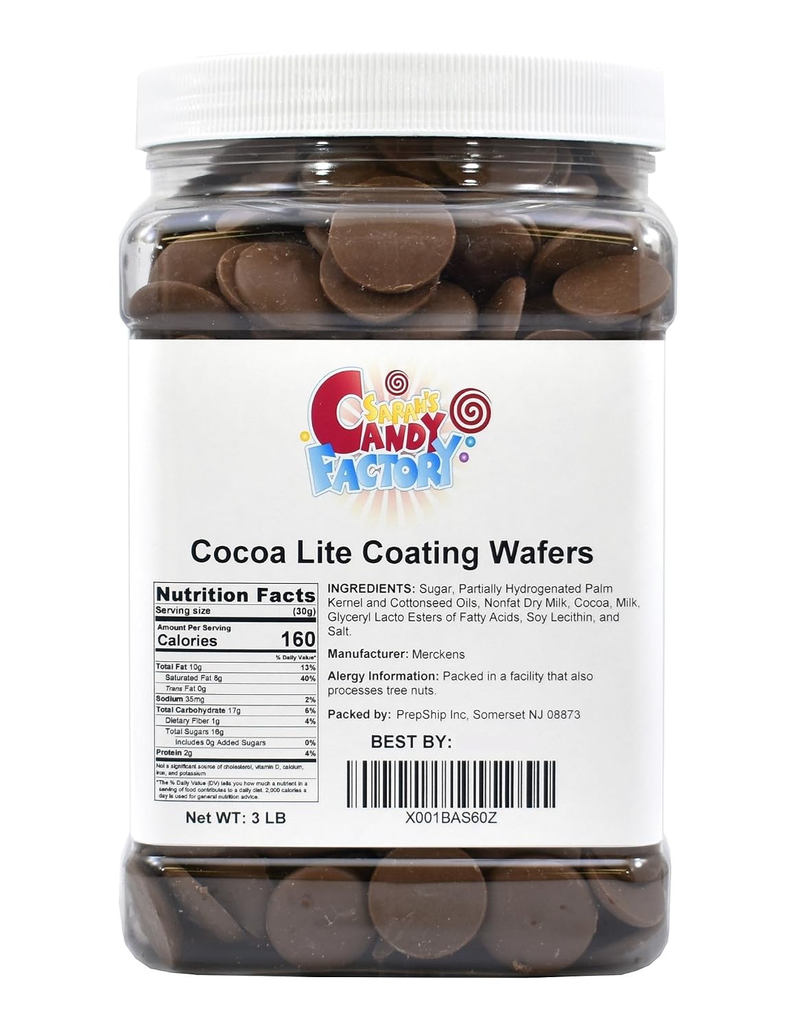 Sarah's Candy Factory, Coating Melting Wafers Milk Chocolate Cocoa Lite in Jar, Kosher and Gluten Free 3 Lbs