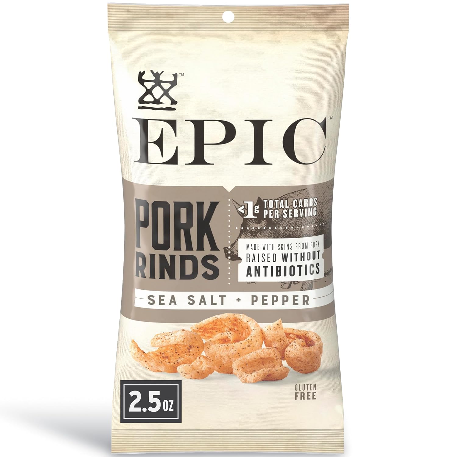 EPIC Provisions Sea Salt & Pepper Pork Rinds, Gluten-Free, 2.5 oz | Antibiotic-Free Pork Skins, Keto & Paleo Friendly, 9g Protein, Under 1g Carbs per Serving