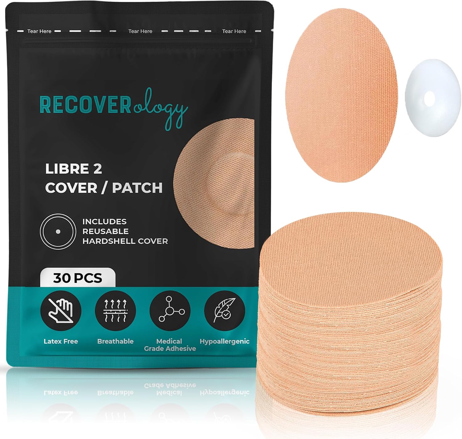 Freestyle Libre 2 Sensor Covers | Waterproof Adhesive Patches for CGM | Pack of 30 with 1 Reusable Hardshell Cover | Breathable & Sweatproof Suitable for Sensitive Skin | Tan Colour | Libra 2 Covers