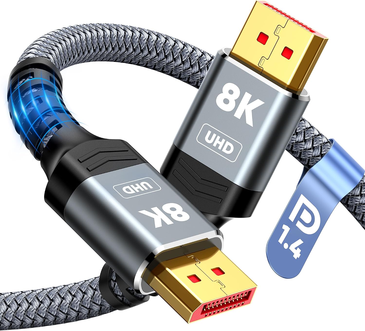 Capshi 8K DisplayPort 1.4 Cable, VESA Certified 6.6FT DP Cord (8K@60Hz, 4K@144Hz, 2K@240Hz/165Hz), 32.4Gbps High Speed Display Port Cable for Gaming Monitor, HDR/FreeSync/G-Sync, Braided, Grey