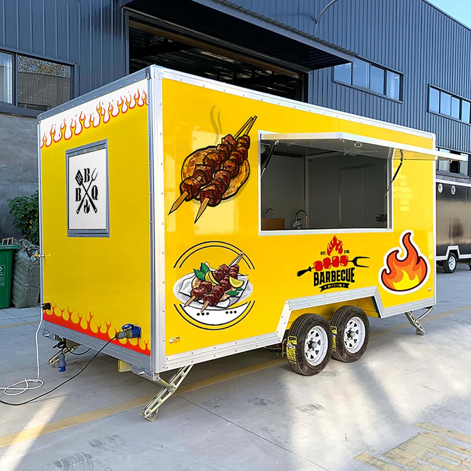 BBQ Trailer, Fast Food Trailer foe Sale Mobile Kitchen Trailer with Concession Window, Commercial BBQ Truck Trailer with Porch, Enclosed Street Food Trailer Caravan for Business