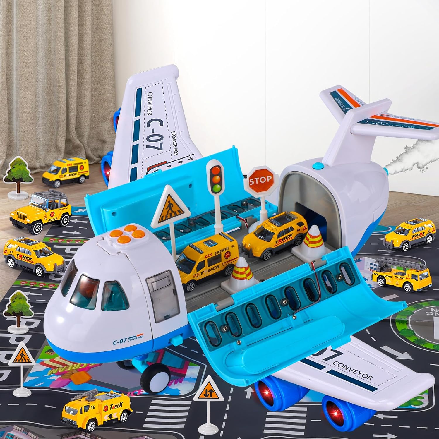 Airplane Toy with Smoke, Light & Sound, 16 Inches Big Transport Cargo Airplane Toy with 6 Construction Vehicle Trucks, Fricton Powered Airplane Toys for Kids Age 3+