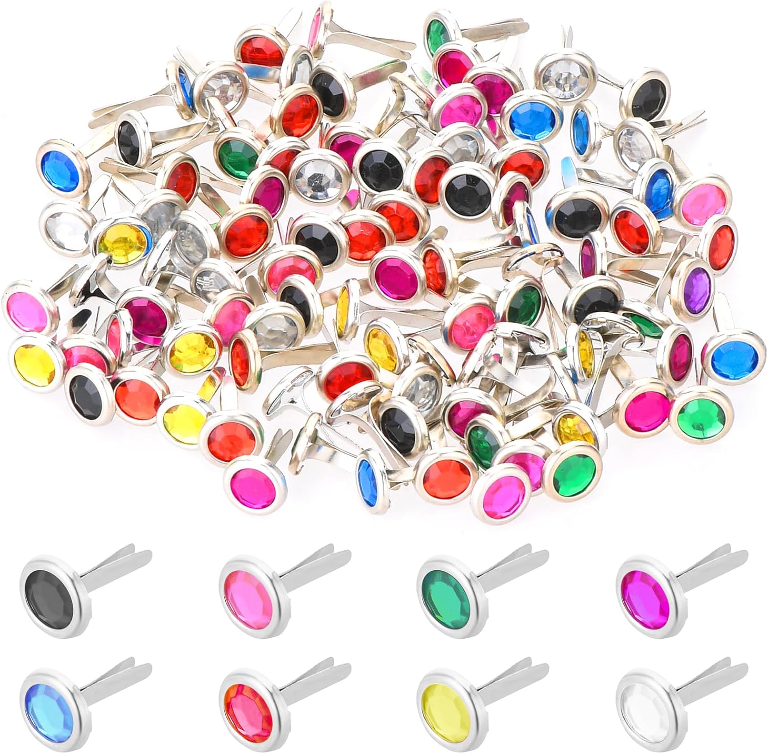 100PCS Paper Fasteners Split Pins Craft Metal Mini Brads, Round Scrapbooking Brads Split Pins, Multicolor Crystals for Crafts Brads Paper Fasteners Jewels for Crafts Brads for Scrapbooking DIY