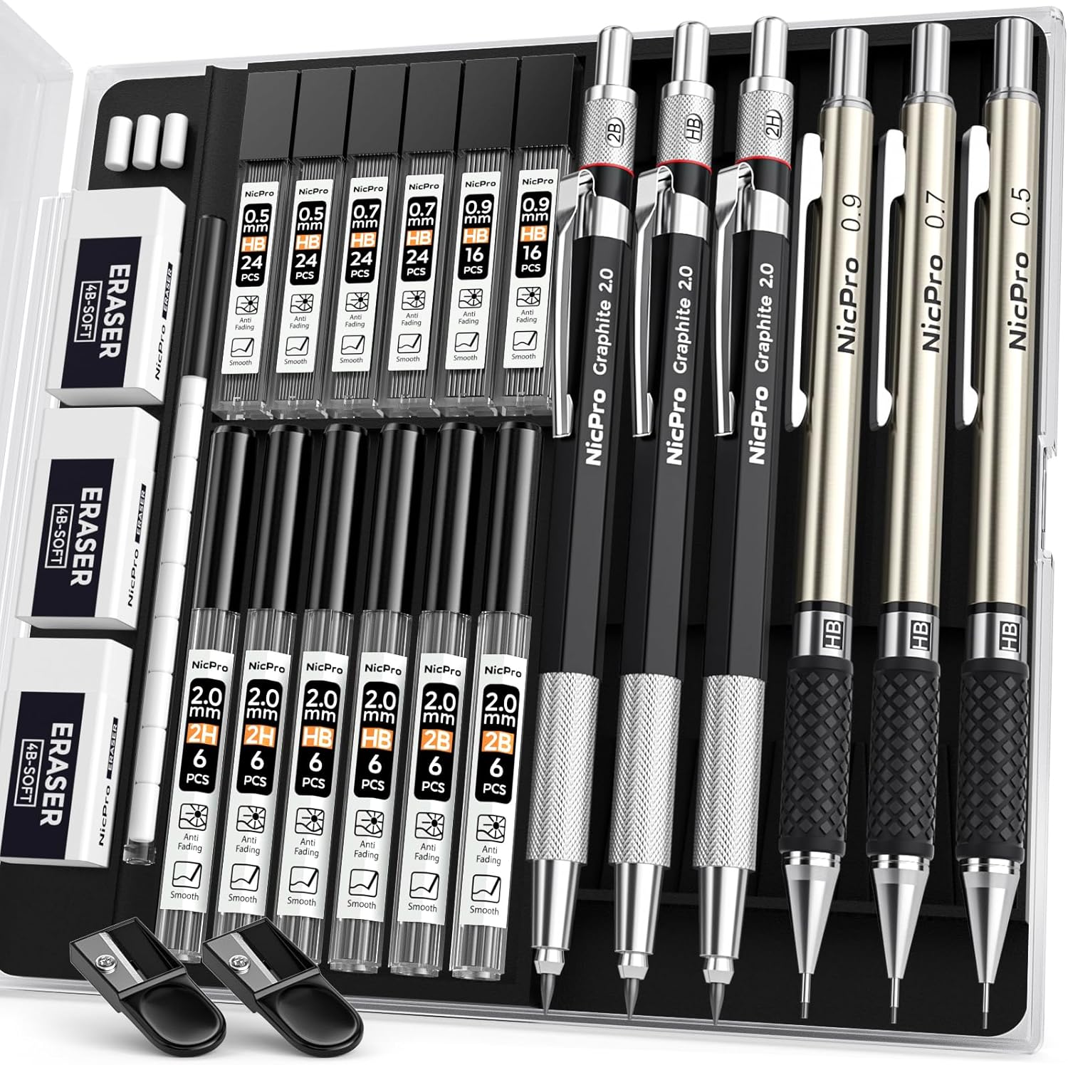 Nicpro 6PCS Mechanical Pencils Set, 3 PCS 2mm Lead Holder (2B HB 2H), Clutch Propelling Drafting Pencil 0.5 mm & 0.7 mm & 0.9 mm for Writing,Sketching Drawing with 12 Tube Lead Refills Case