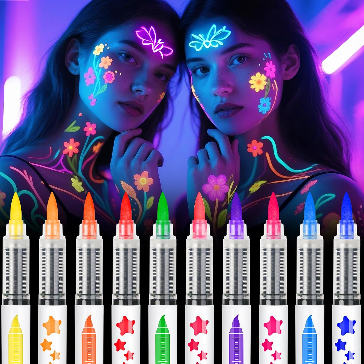 nsxsu Glow in the Dark Face Paint Pens 10 Color, Neon Face Paint Markers, UV Face Paint Body Paint Kit Glow Under Blacklight, Temporary Tattoo Pens for Glow Party Festival Accessories Halloween Makeup