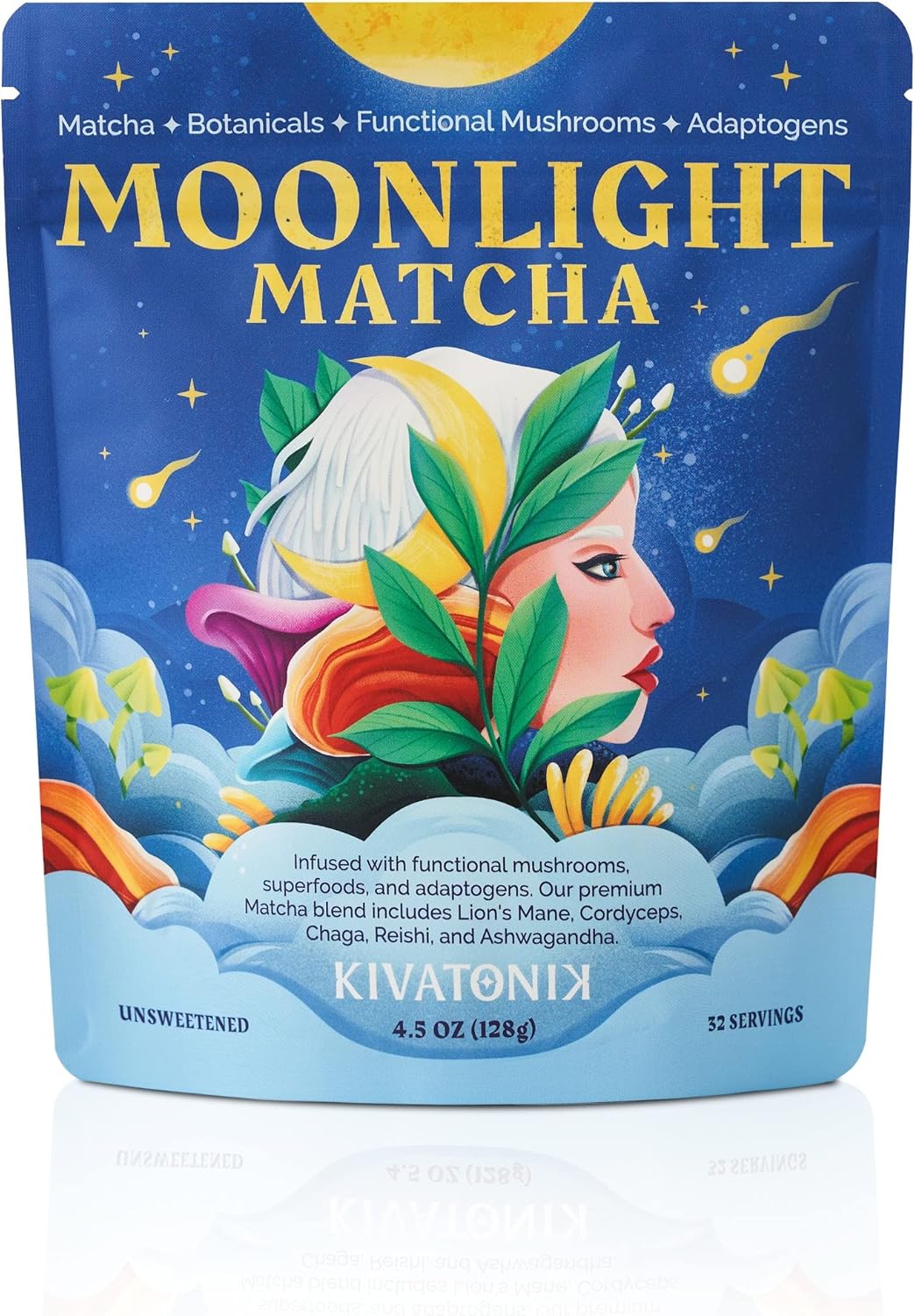 KIVATONIK Moonlight Matcha - Ceremonial Matcha with Organic Functional Mushrooms and Adaptogens - Lion's Mane, Cordyceps, Chaga, Reishi, and Ashwagandha (32 Servings, Lightly Sweetened)
