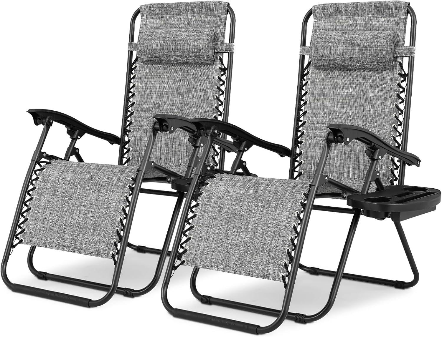 Magshion Zero Gravity Lounge Chairs Set of 2, Outdoor Patio Reclining Chair with Side Tray, Adjustable Anti-Gravity Recliners with Pillow Headrest, Folding Lounger for Lawn Camping Beach, Dark Grey