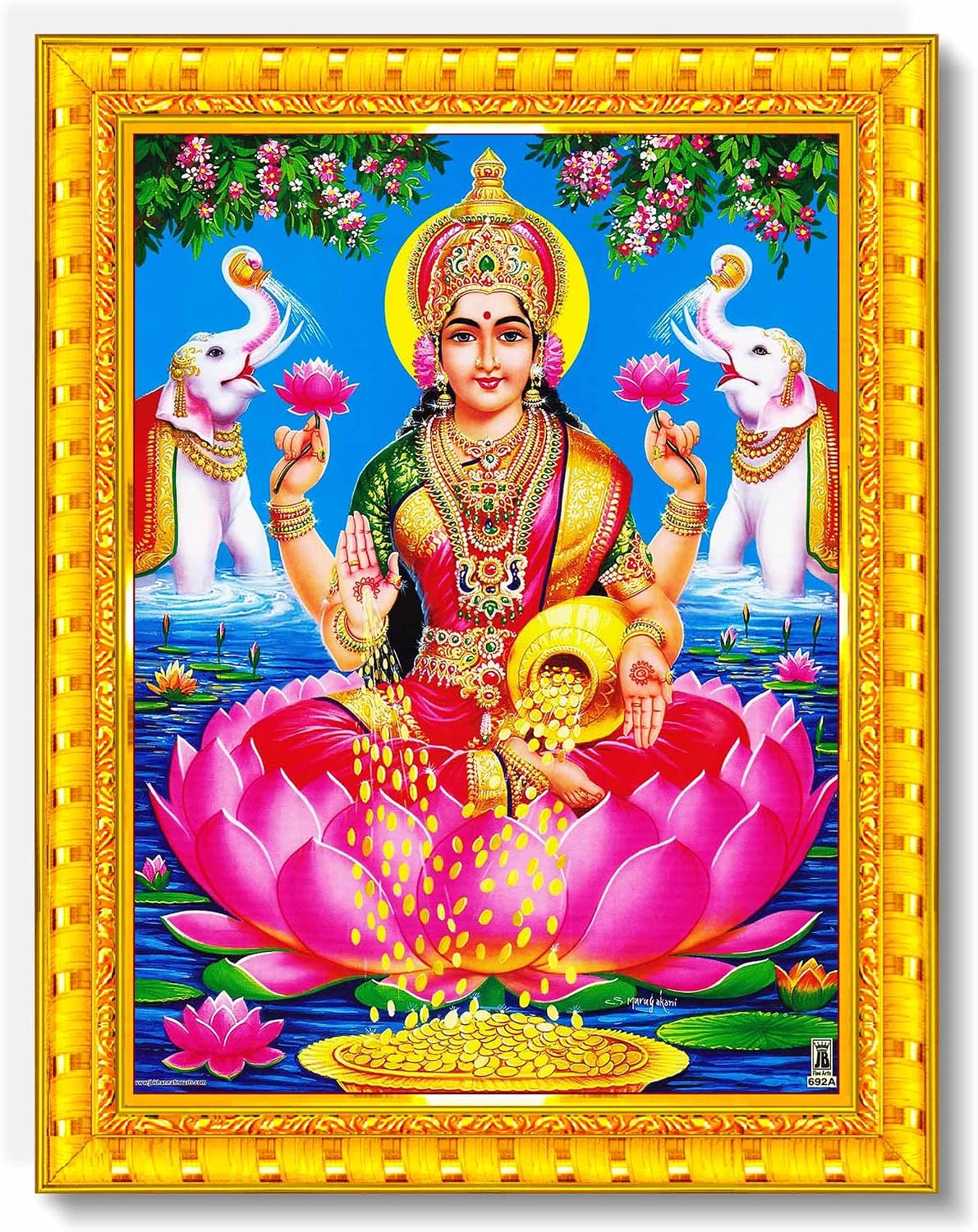 Lakshmi Devi Dhana Vaibhav Laxmi Maa Wall Painting Framed Home Decor (Wood,Matte,Gold,Small Size,6 x 8 Inch)