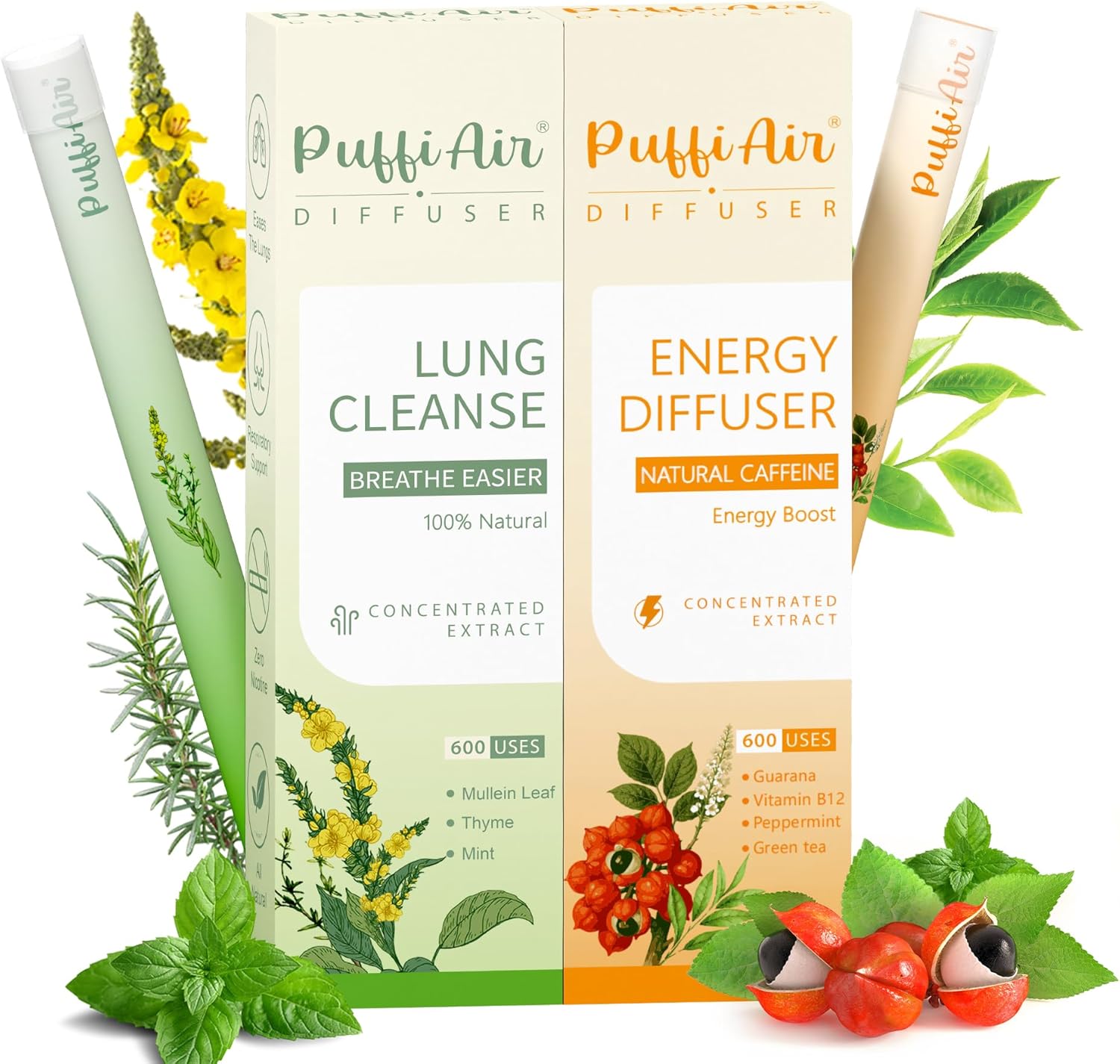 PUFFIAIR Nicotine-Free Inhaler (2 x 600 uses) |Daytime Vitality Bundle | Oral Habit Relief Aid & Habit Replacing Breathing Stick