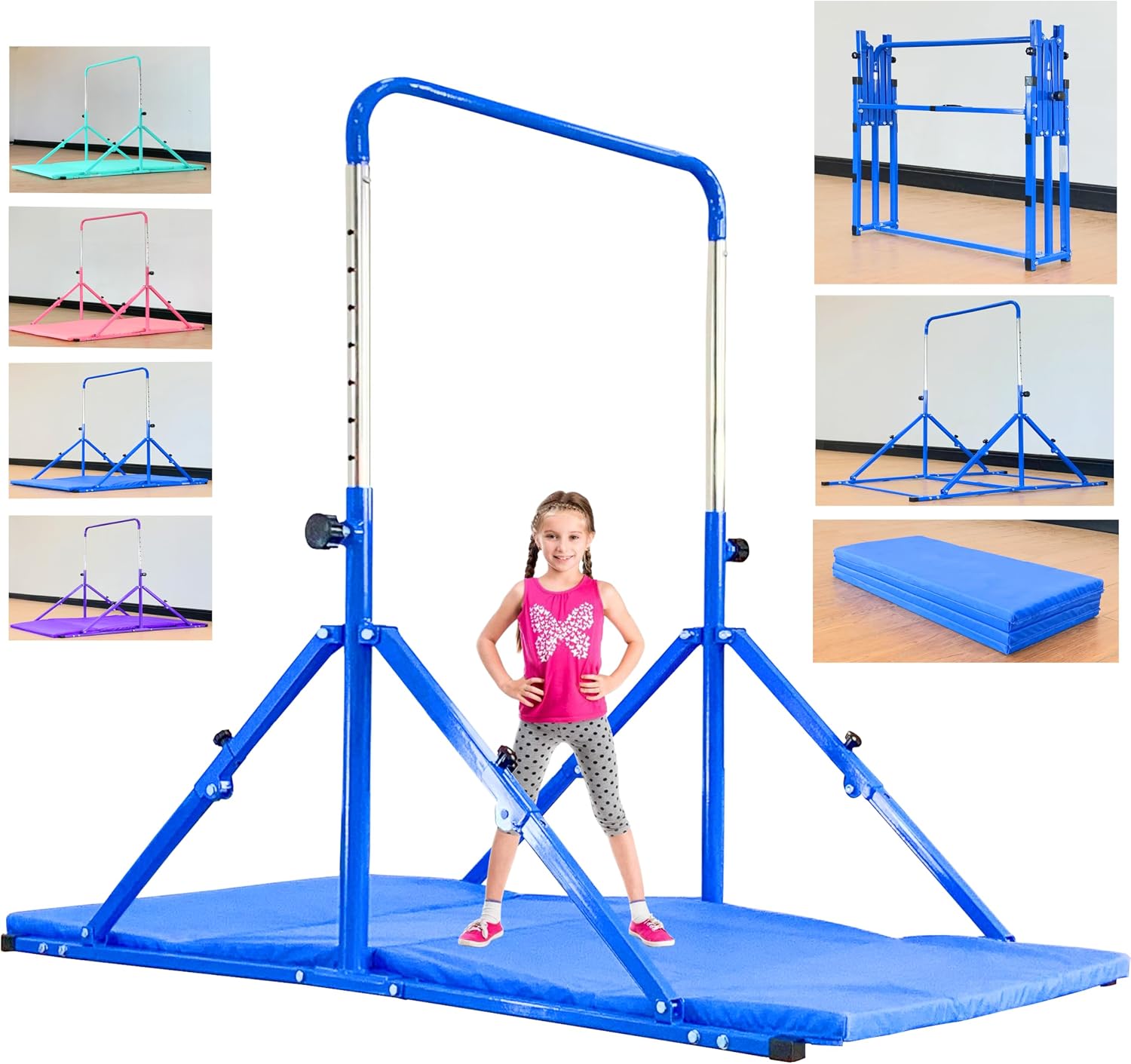 MARFULA Foldable Gymnastic Bar, 9 Height Levels, 200 lbs Weight Capacity, 5 Ft Length Gymnastic Kip Bar with Mat, Gymnastic Equipment for Home and Gym Center Indoor Outdoor Use