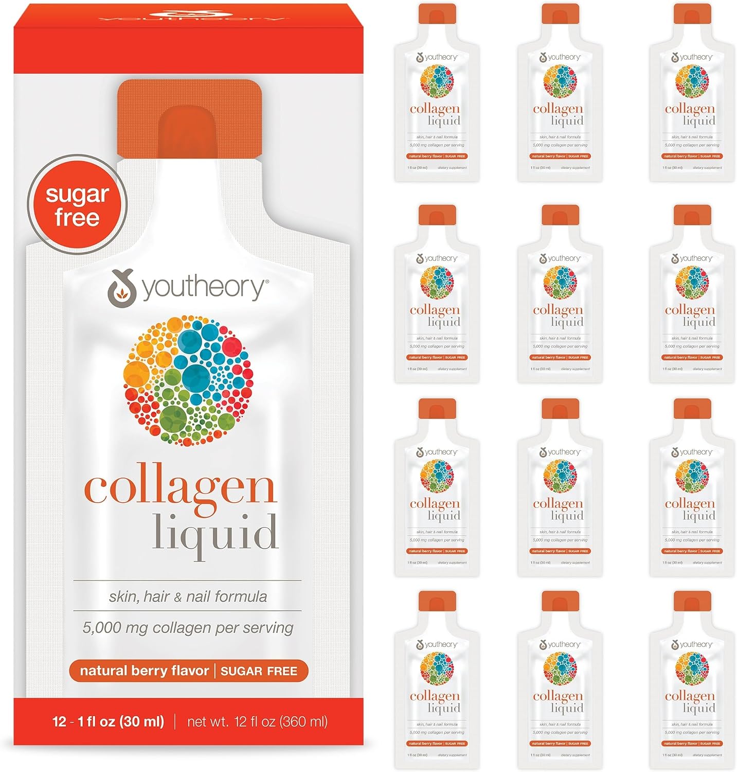 Youtheory Collagen Liquid, 5,000 mg, Berry Flavor, 1 oz, Pack of 12 | Hydrolyzed Collagen Peptides, Supports Hair Growth, Nail, and Joint Health*, Ready-to-Drink, Easy Absorption