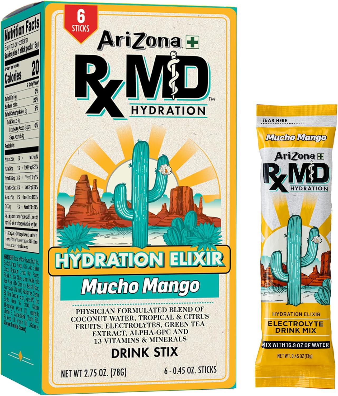 Arizona Rx MD Hydration Mucho Mango - Drink Mix - 920mg of Electrolytes - 0.45 oz Powder Sticks (Pack of 6)