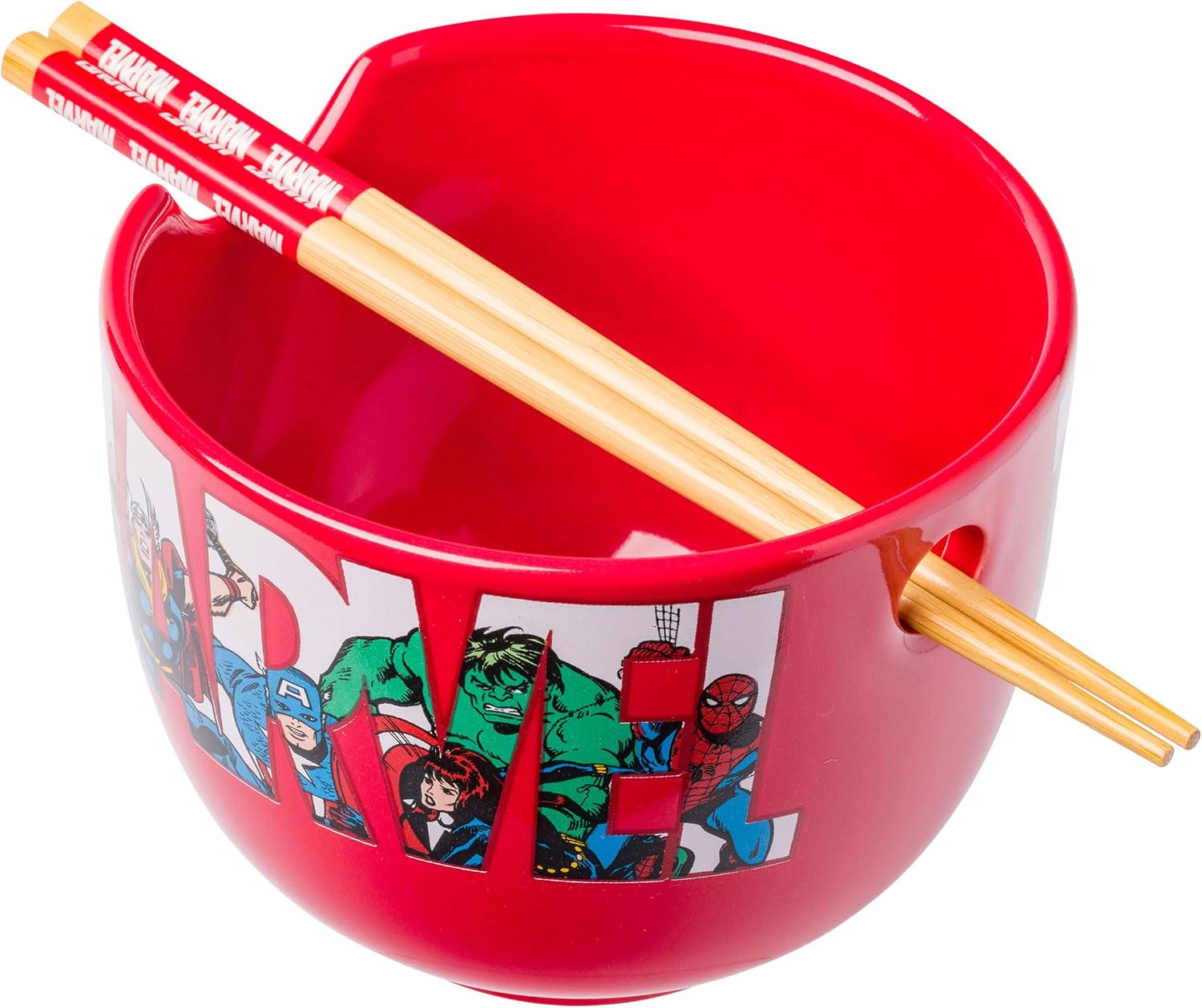 Silver Buffalo Marvel Comics Avengers Retro Featuring Iron Man, Thor, Captain America, Black Widow, Hulk, and Spider-Man Ceramic Ramen Noodle Rice Bowl with Chopsticks, Microwave Safe, 20 Ounces