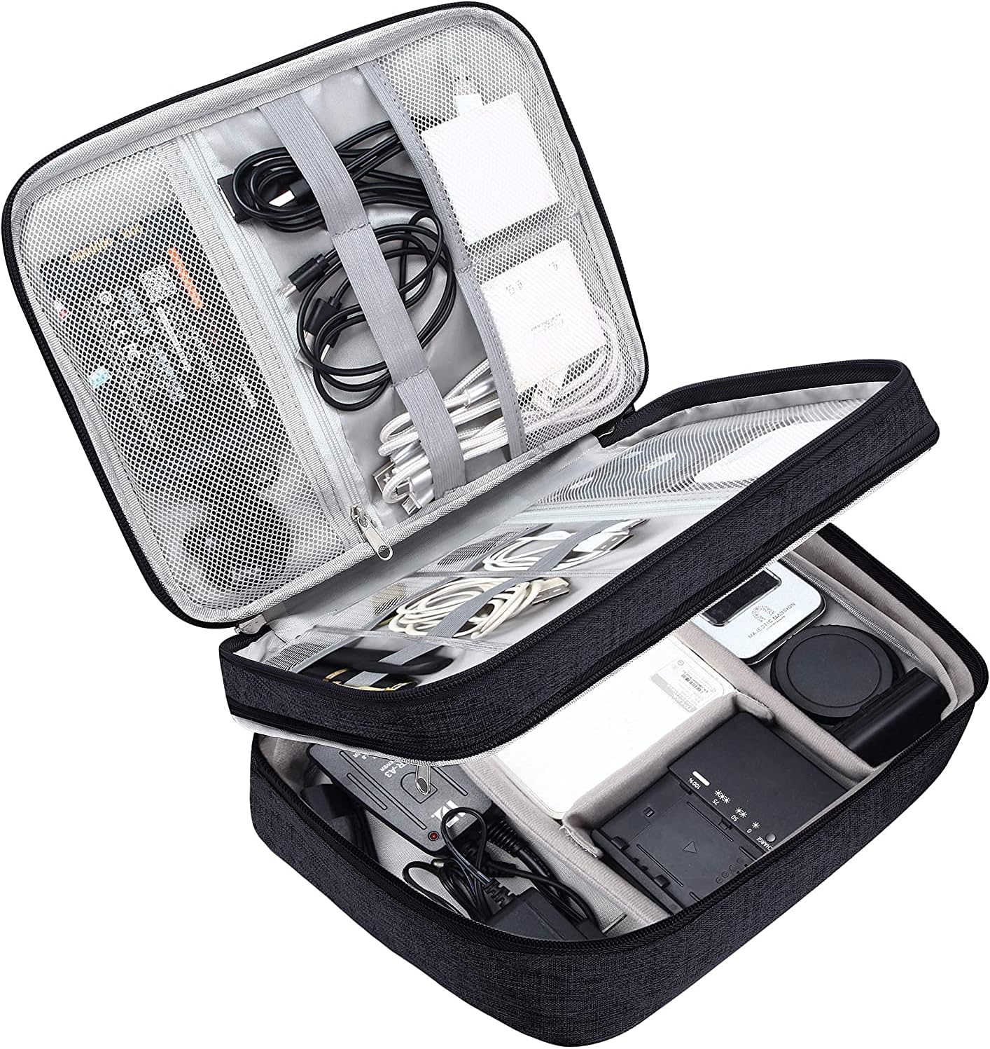 ACOPTON Travel Electronics Organizer, Waterproof Cable Organizer Bag for Electronic Accessories Double Layer Large Shockproof Cable Storage Bag for Cord, Power Bank, Tablet (Black)
