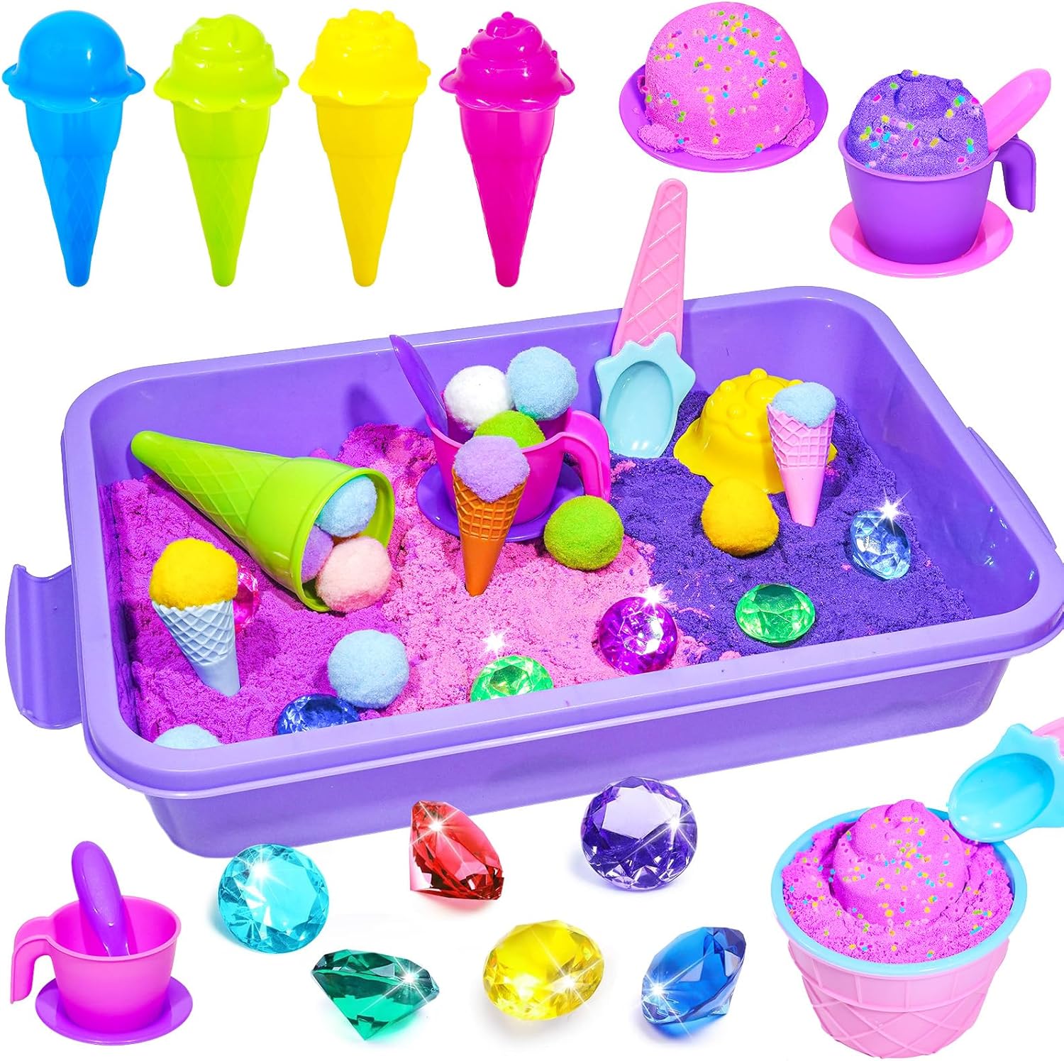 Bbiamsleep Ice Cream Sensory Bin, 61 Pcs Ice Cream Sensory Bin Fillers with Color Sand 11 Mould 9 Tools for Birthday Party