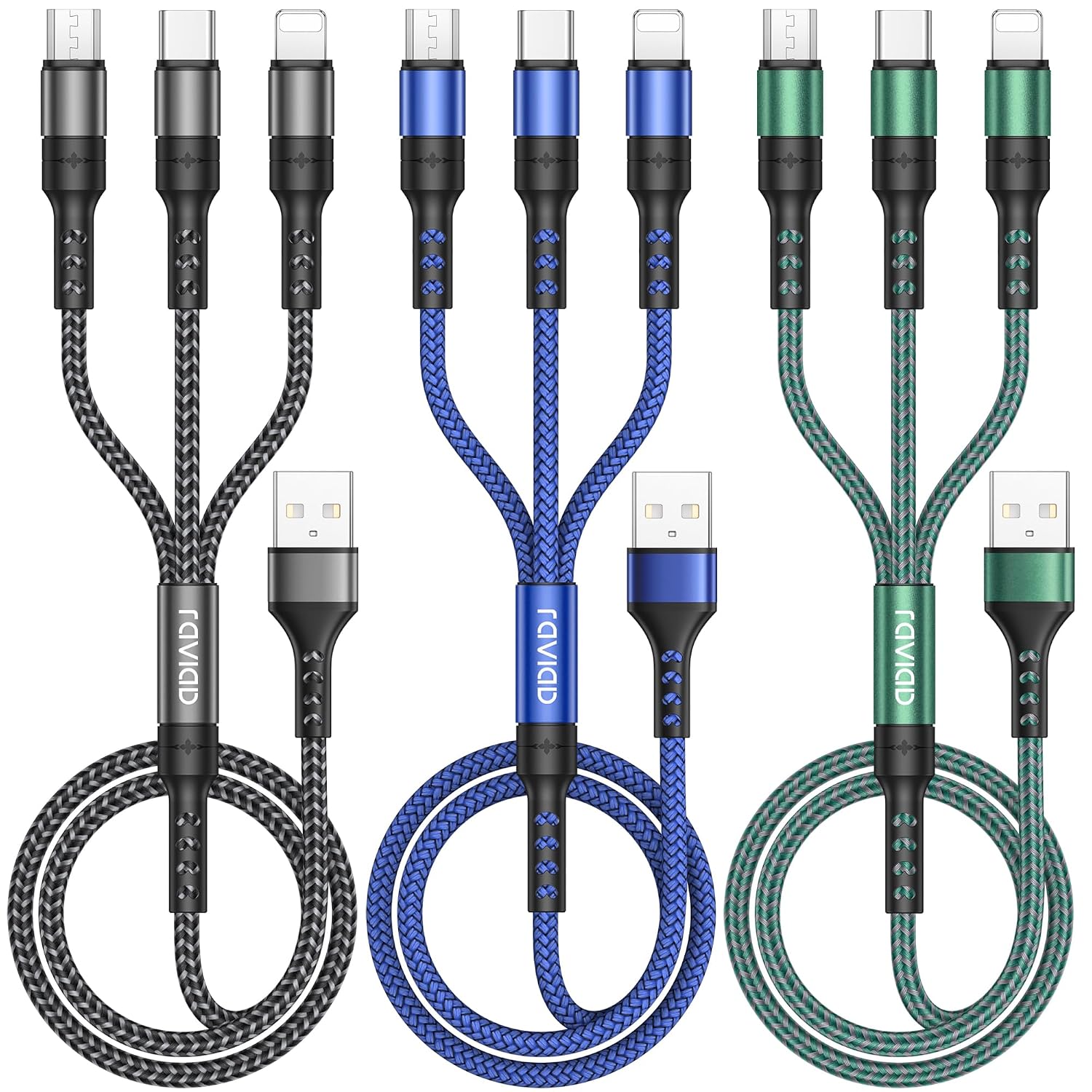 RAVIAD Multi Charger Cable, 3 in 1 Charger Cable [3Pack 1.2M] Multiple USB Cbale Nylon Braided with Micro USB Type C iPhone Connector for iPhone, Android Galaxy, Huawei, Oneplus, LG