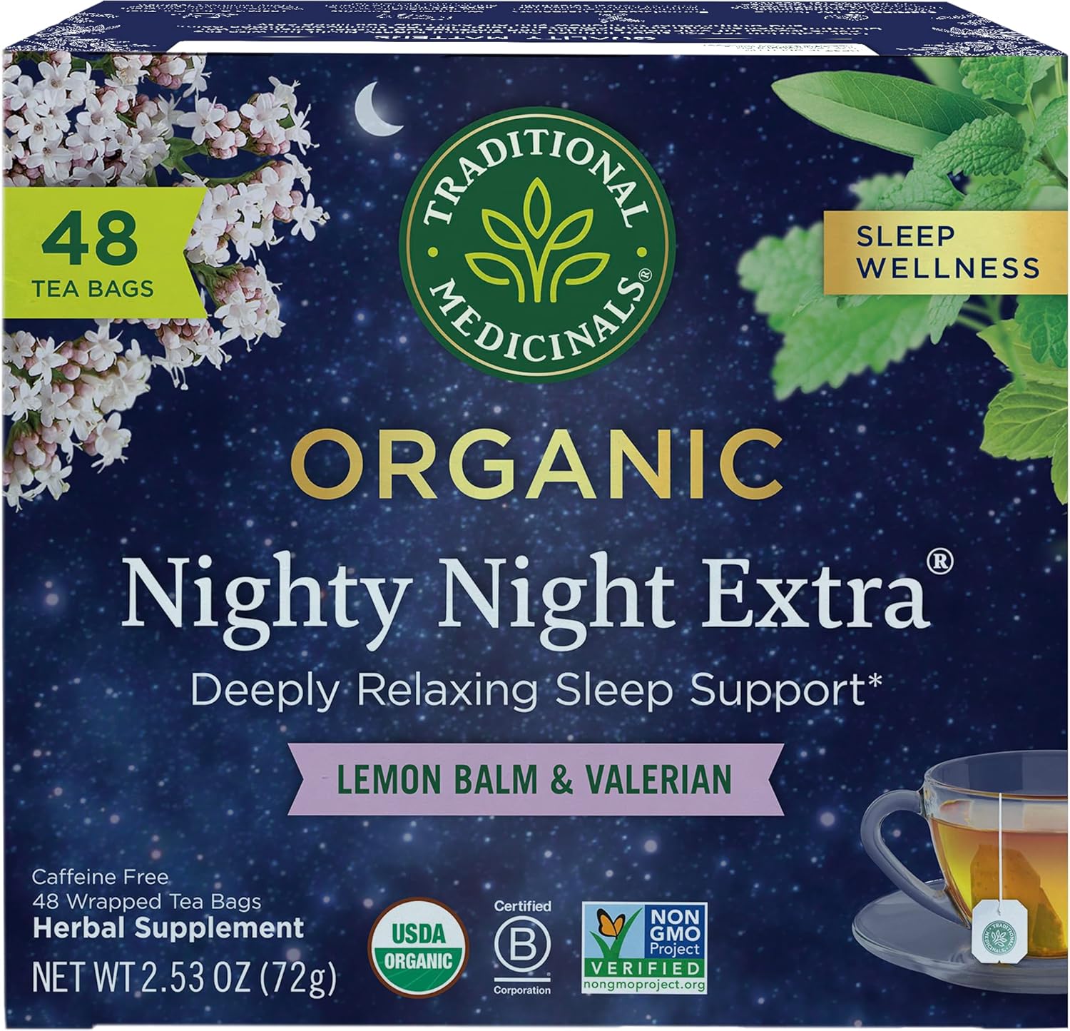 Traditional Medicinals Organic Nighty Night Extra Tea With Valerian Root for Relaxation, 48 Tea Bags
