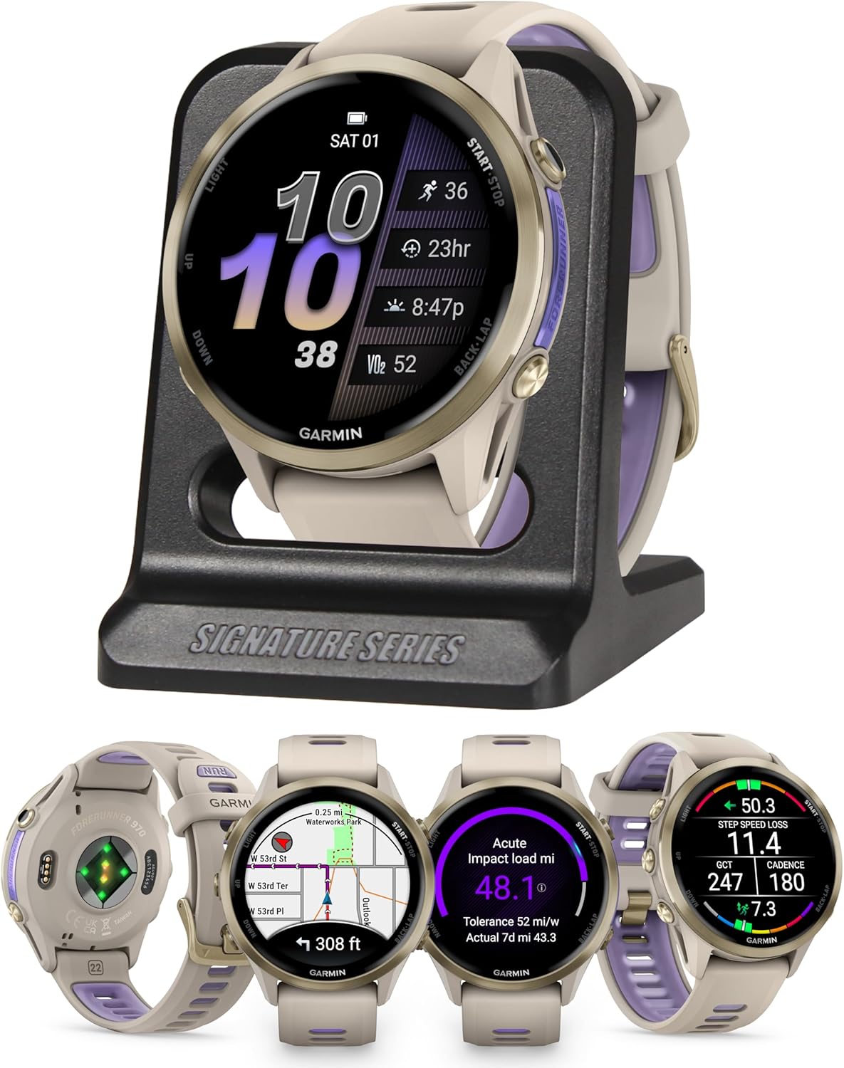 Garmin Forerunner 970 Premium Triathlon GPS Smartwatch, Soft Gold | Bright AMOLED Display, Built-in Mapping, Training Readiness with Signature Series Modern Power Stand Bundle