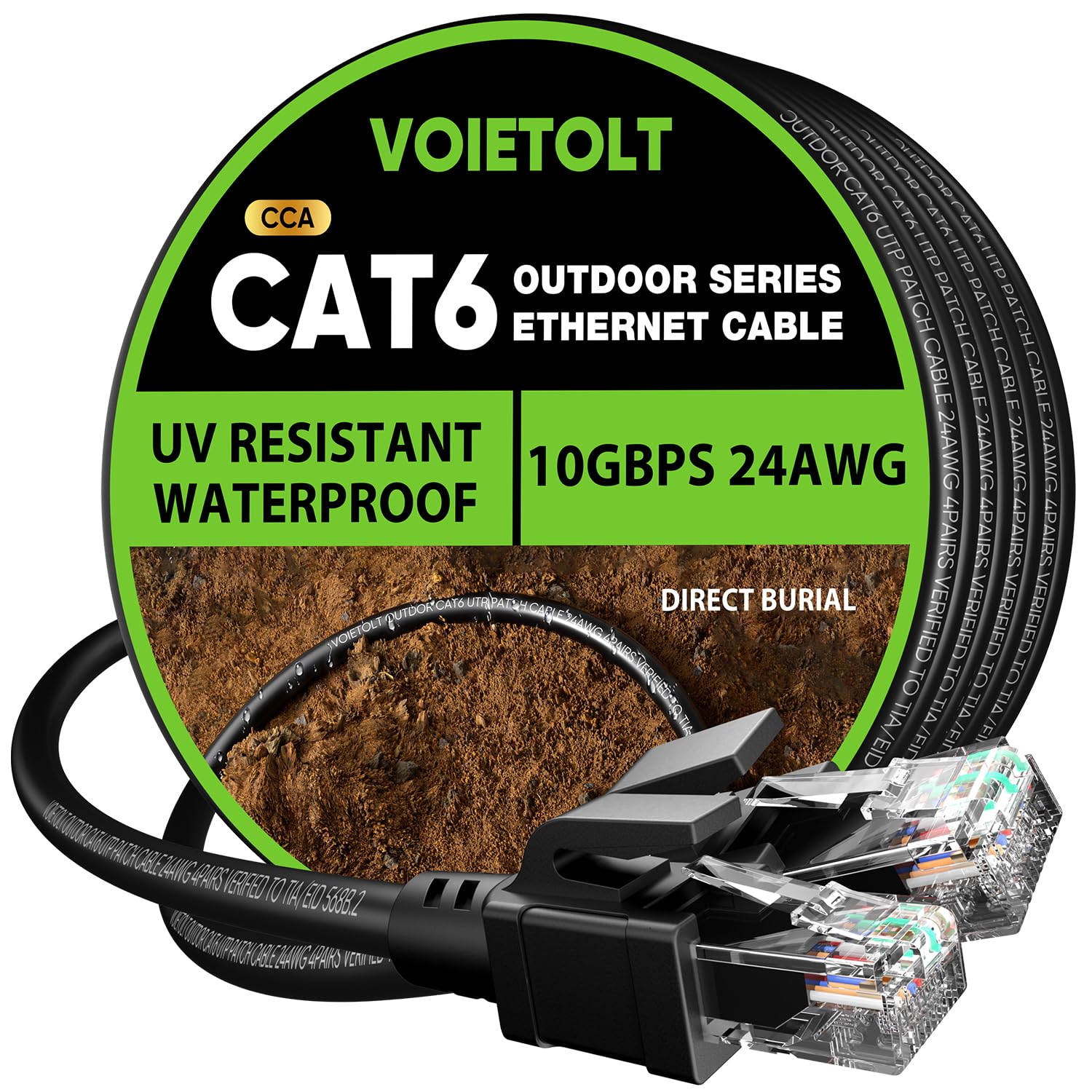 Outdoor Cat 6 Ethernet Cable 35m, Water Resistant Direct Burial LLDPE UV Jacket - 24AWG 10Gbps High Speed Gigabit Internet Network Cable - CCA, UTP with 40 Ties - Black