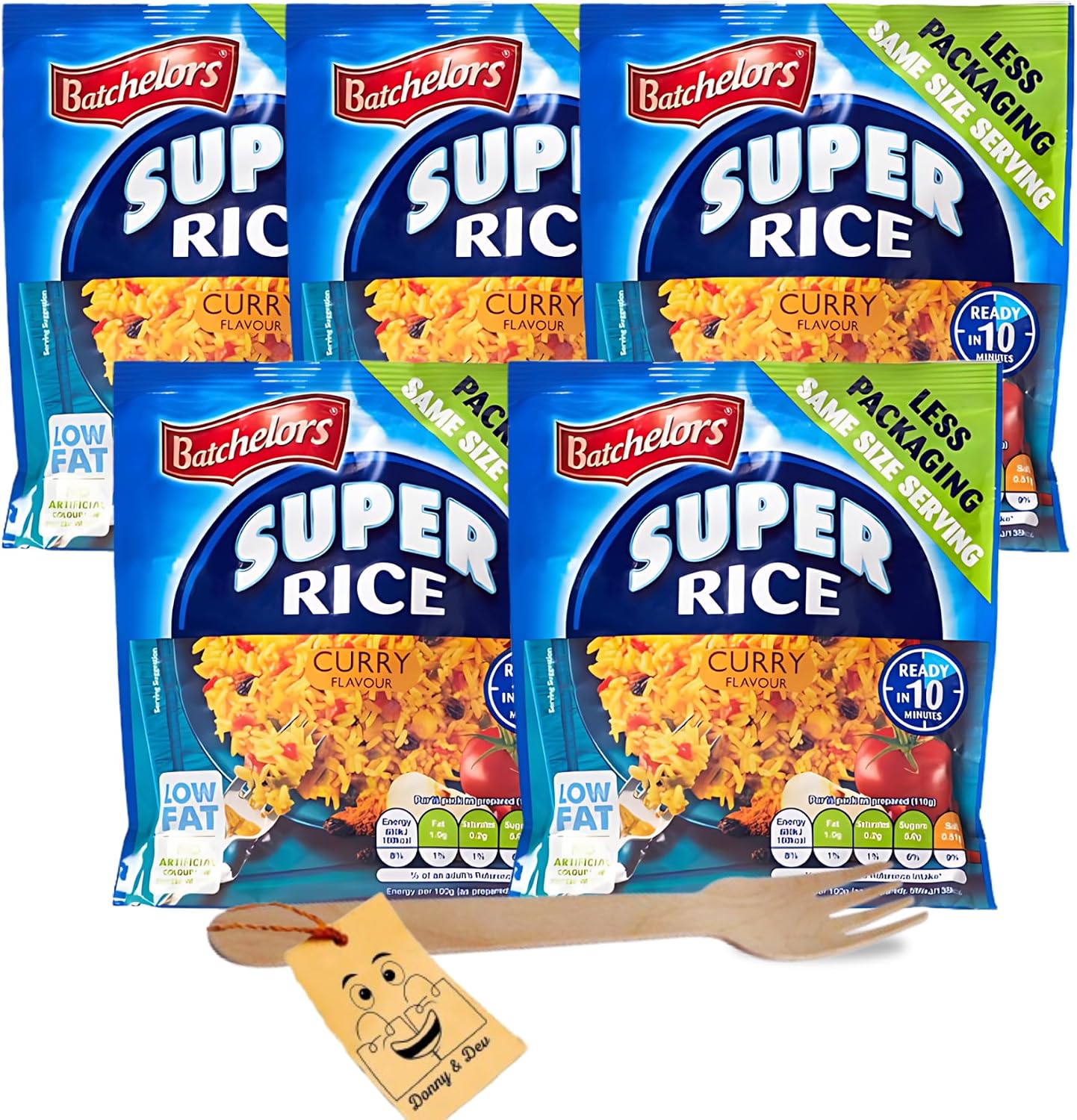 Easy to Cook Meal Which Includes: 5x Batchelors Savoury Instant Rice Curry Flavour (90g each) Bundled With 1 x Wooden Fork (Disposable) by Donny & Dev