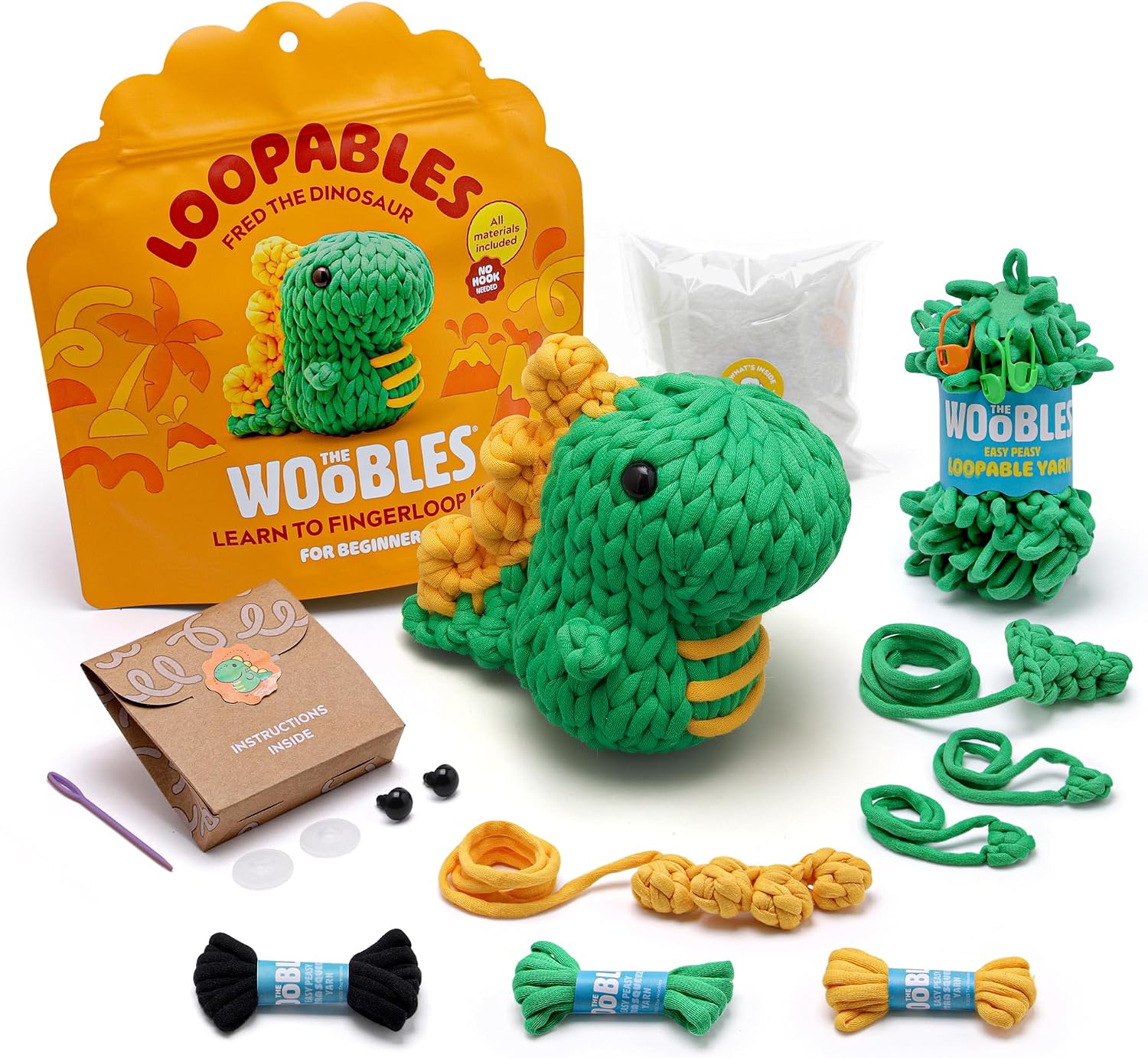The Woobles Loopables Crochet Kit for Beginners (Fred the Dino) | As seen on Shark Tank, No crochet hook needed, fingerloop premade loops: Easy Peasy Loopable Yarn, pre-started piece