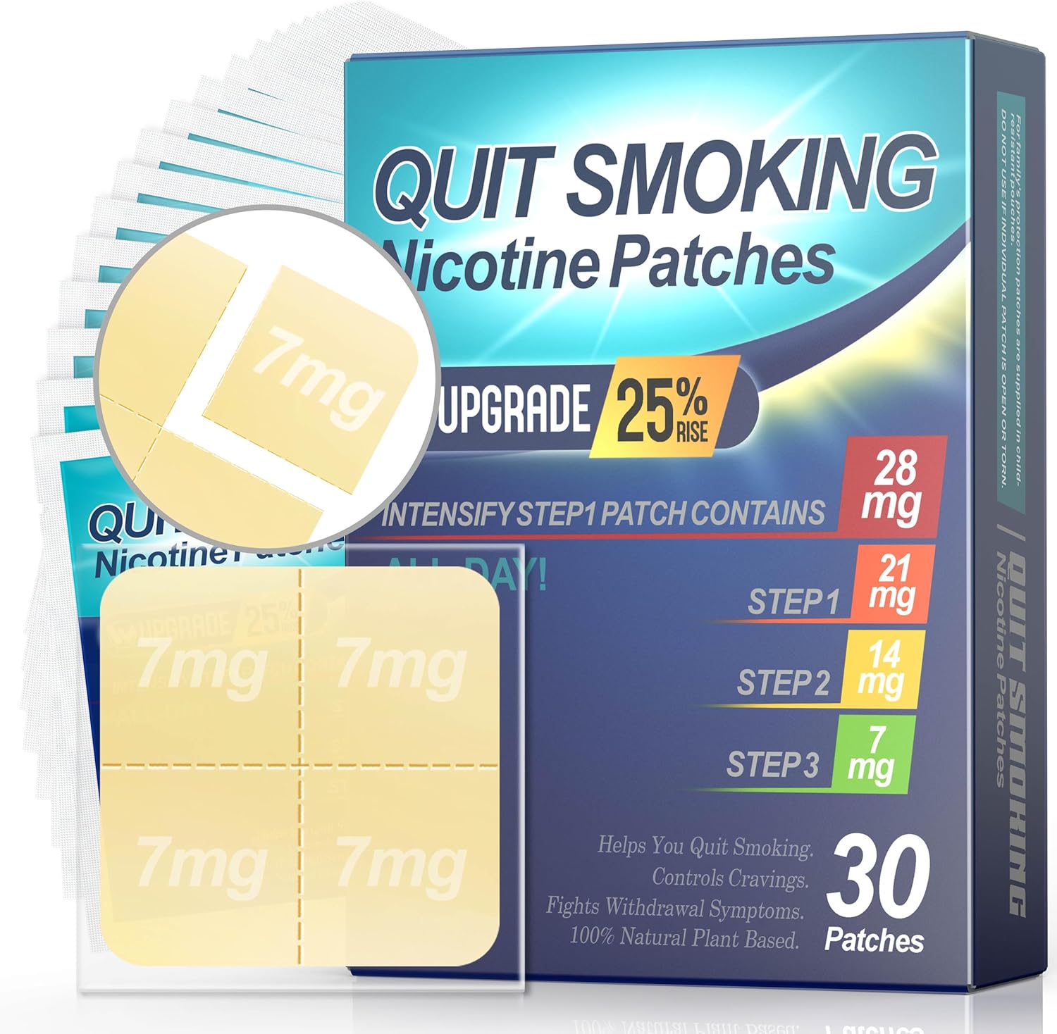 Quit Smoking Patches Step 1+, 21mg Upgraded to 28mg, It Can de Divided Into Four Pieces, 7mg. Stop Smoking Aid, That Work with 2 Weeks (30 Phtches)
