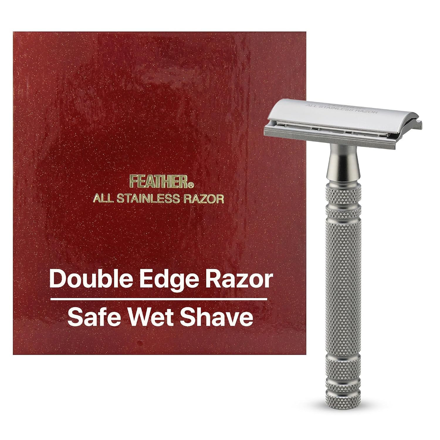 Feather All Stainless Steel Double Edge Safety Razor AS-D2 - Weighted Handle for Grip and Precision Shaving - Includes 5 Hi-Stainless Replacement Blades for Men & Barbers - Made in Japan