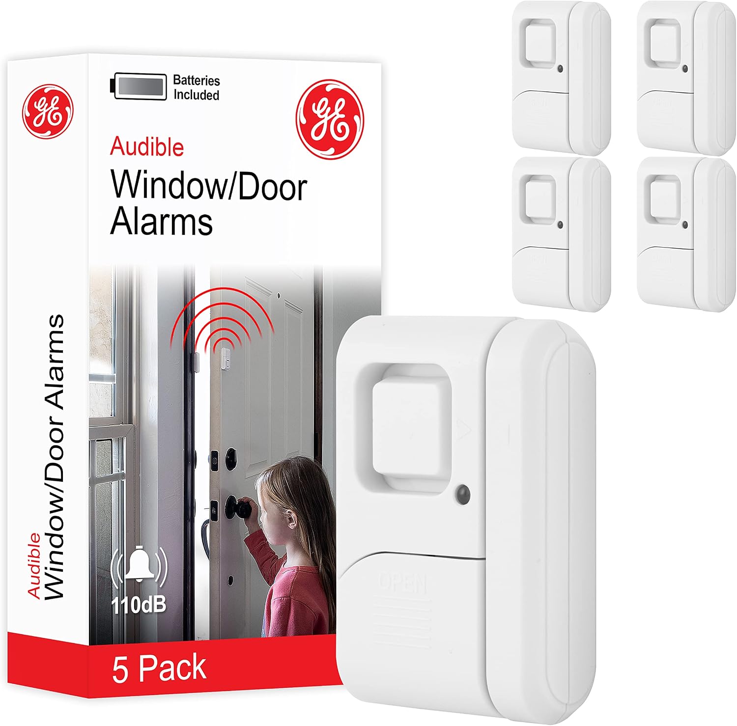 GE Personal Security Window and Door Alarm, 5 Pack, DIY Protection, Burglar Alert, Wireless Chime/Alarm, Easy Installation, Home Security, Ideal for Home, Garage, Apartment and More,White, 45987