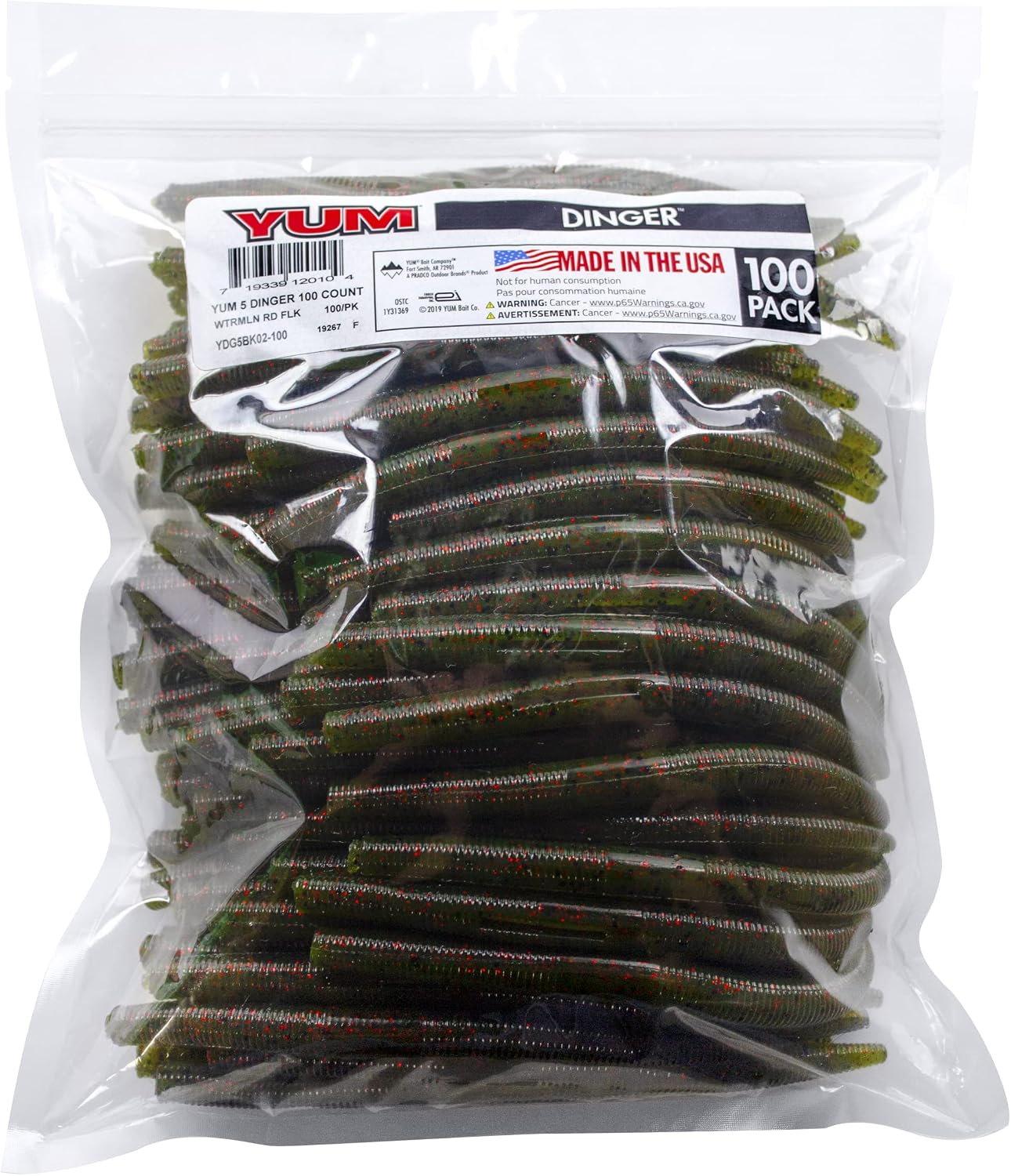 YUM Dinger Classic Worm All-Purpose Soft Plastic Bass Fishing Lure 100 Pack, 5 Inch