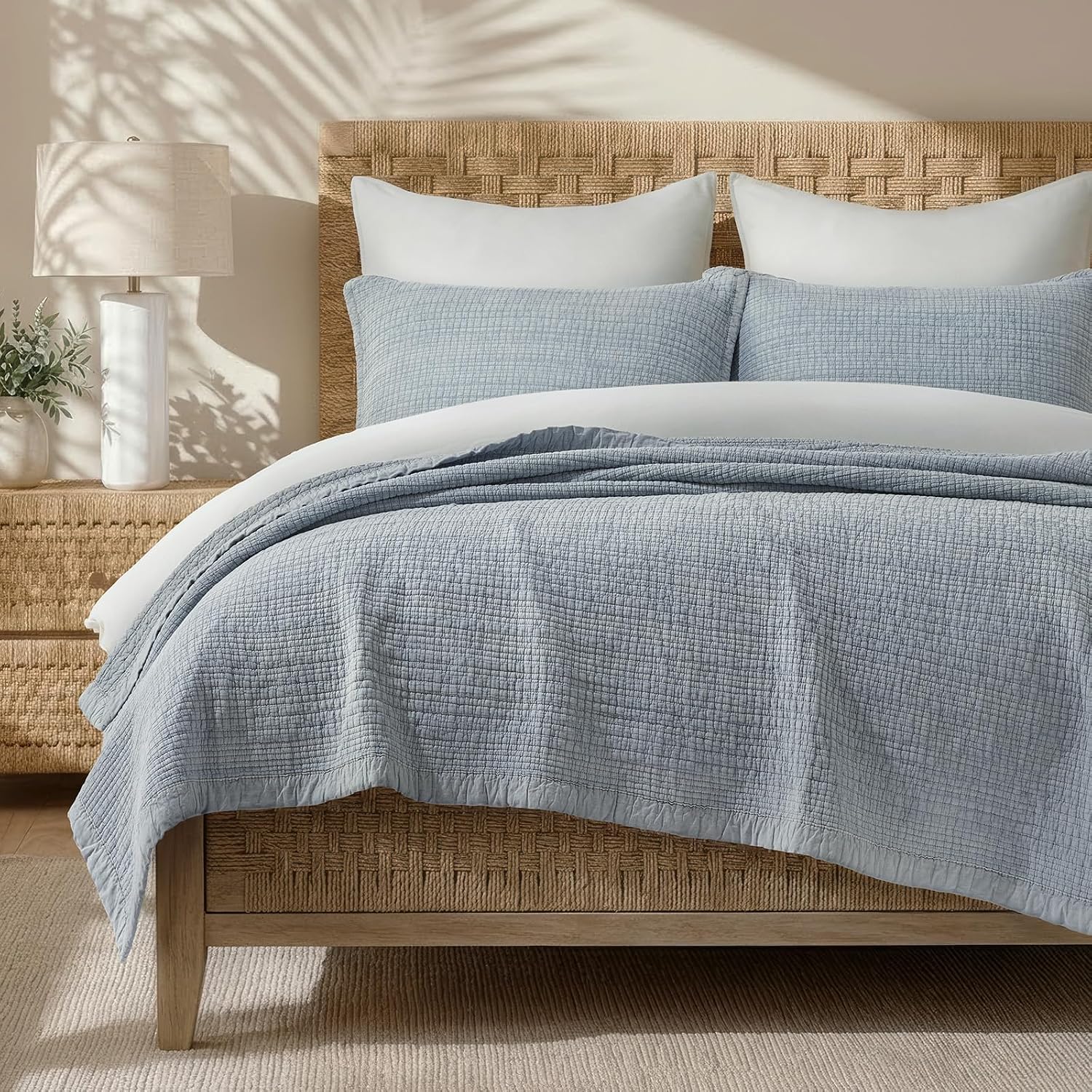 EverGrace Stonewashed Textured Cotton Quilt Set, King Size, Blue Linen