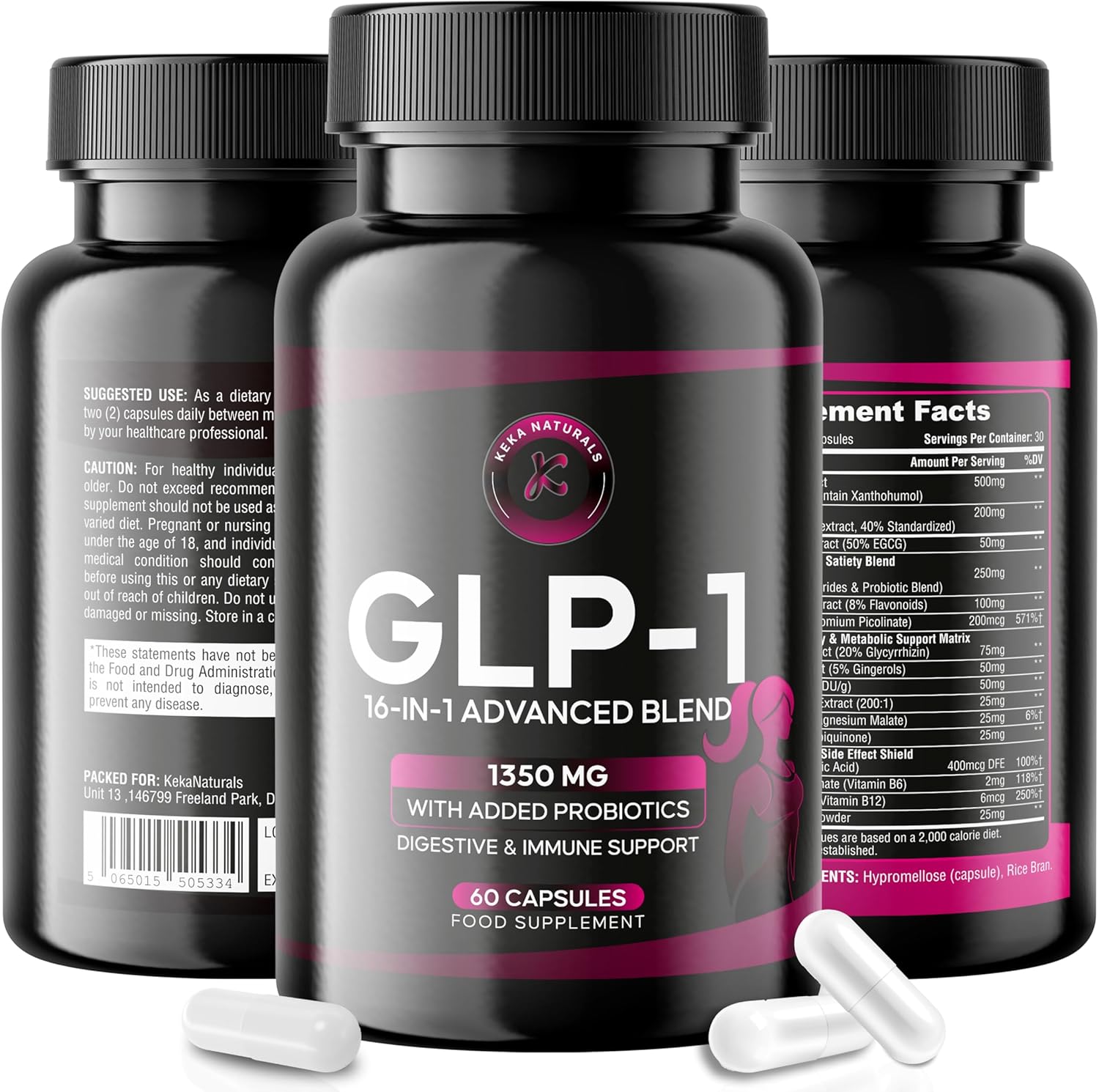 GLP-1 Support 1350mg, Appetite & Weight Control, Gut Health Support, Natural GLP Supplement with Added Probiotics - 60 Capsules