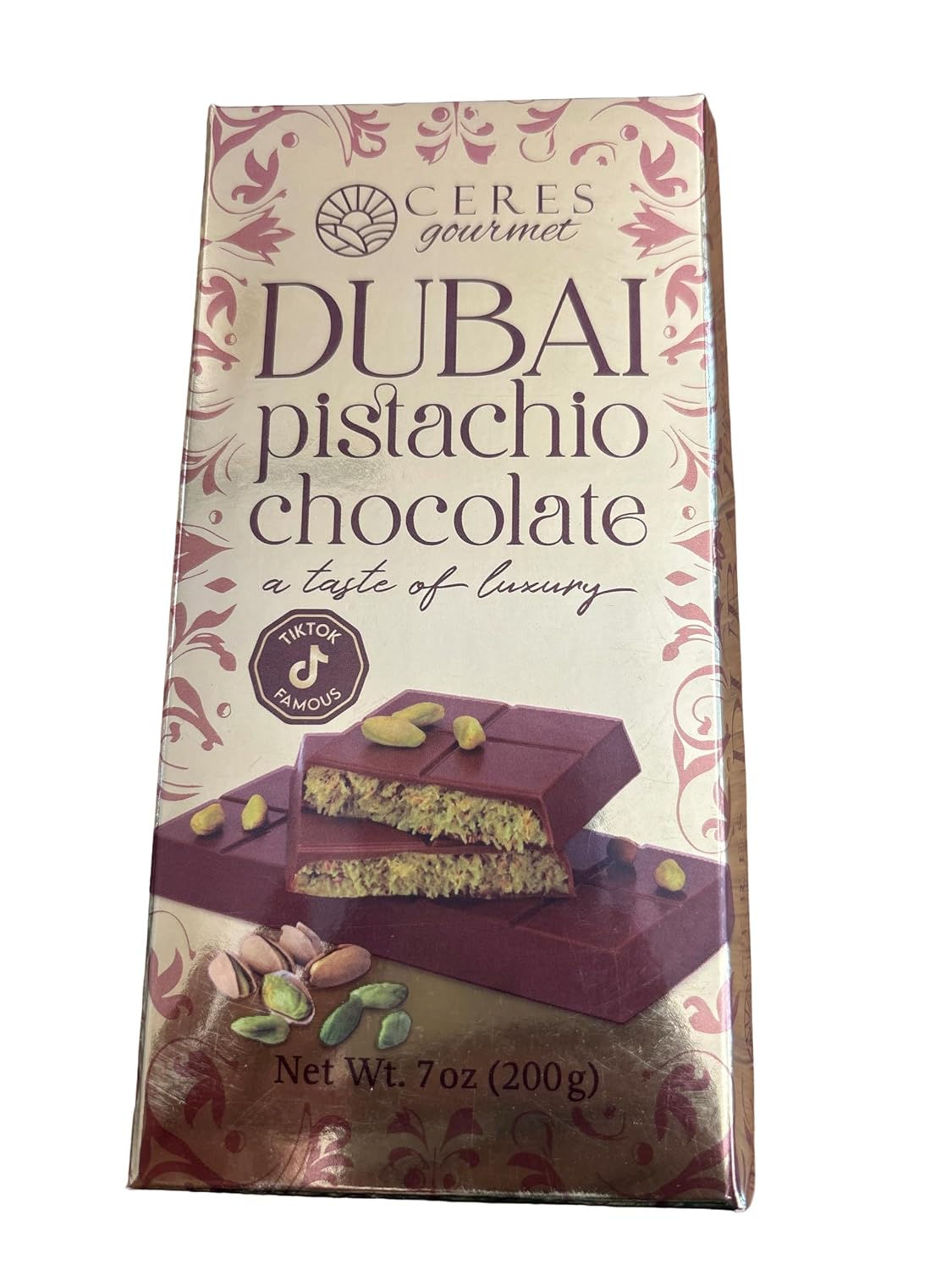 Ceres Gourmet Dubai Chocolate Bar Pistachio 7oz, Viral Crunchy Dubai Chocolate Bar, Crispy Knafeh Snack Candy with Pistachio Cream and Kataifi Filling, Premium Gourmet Dessert Gift (200g)
