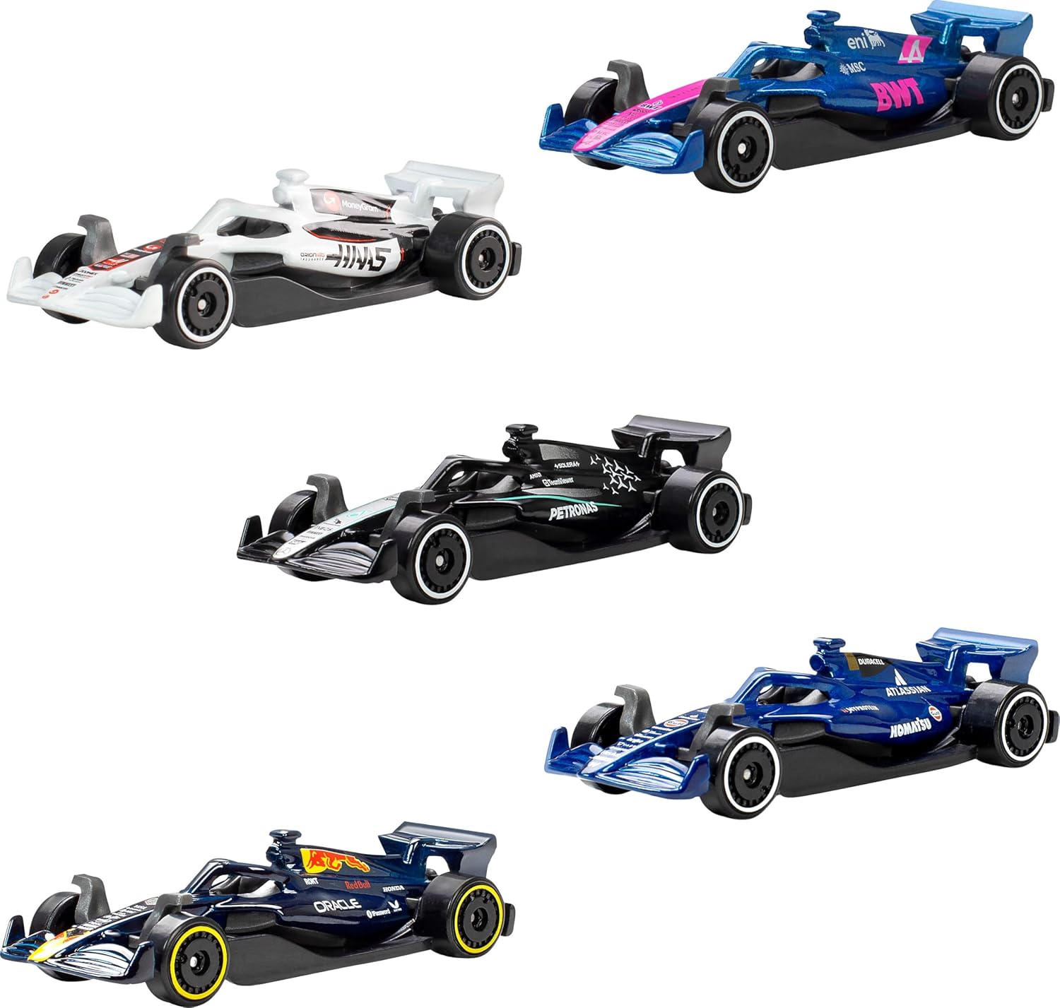 Hot Wheels 1:64 Scale 5-Pack Formula 1 Die-Cast Toy Cars, Set of 5 Officially Licensed, Collectible F1 Race Cars for Play or Display, JLN11