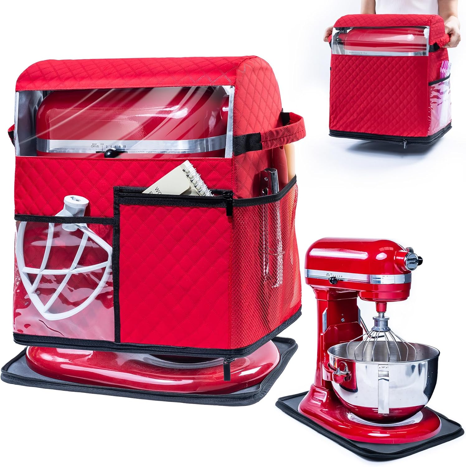 BAGSPRITE Stand Mixer Cover with Detachable Appliance Sliders Base Compatible with KitchenAid Mixer-Storage Bag for 4.5/5 Quart with Pockets for Kitchen Aid Accessories and Attachments