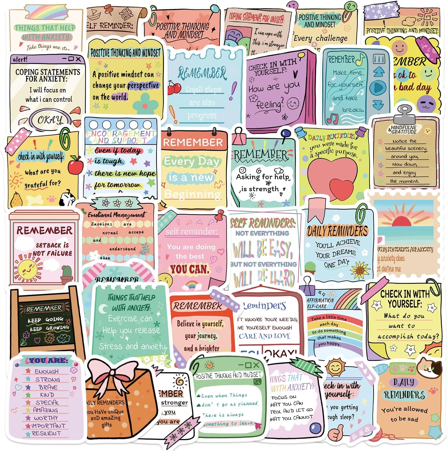 50Pcs Mental Health Sticky Notes Stickers Pack, Aesthetic Stickers for Laptop Kindle Scrapbook Journaling Planner Water Bottle Guitar, Waterproof Vinyl Motivational Decals for Teens and Adults