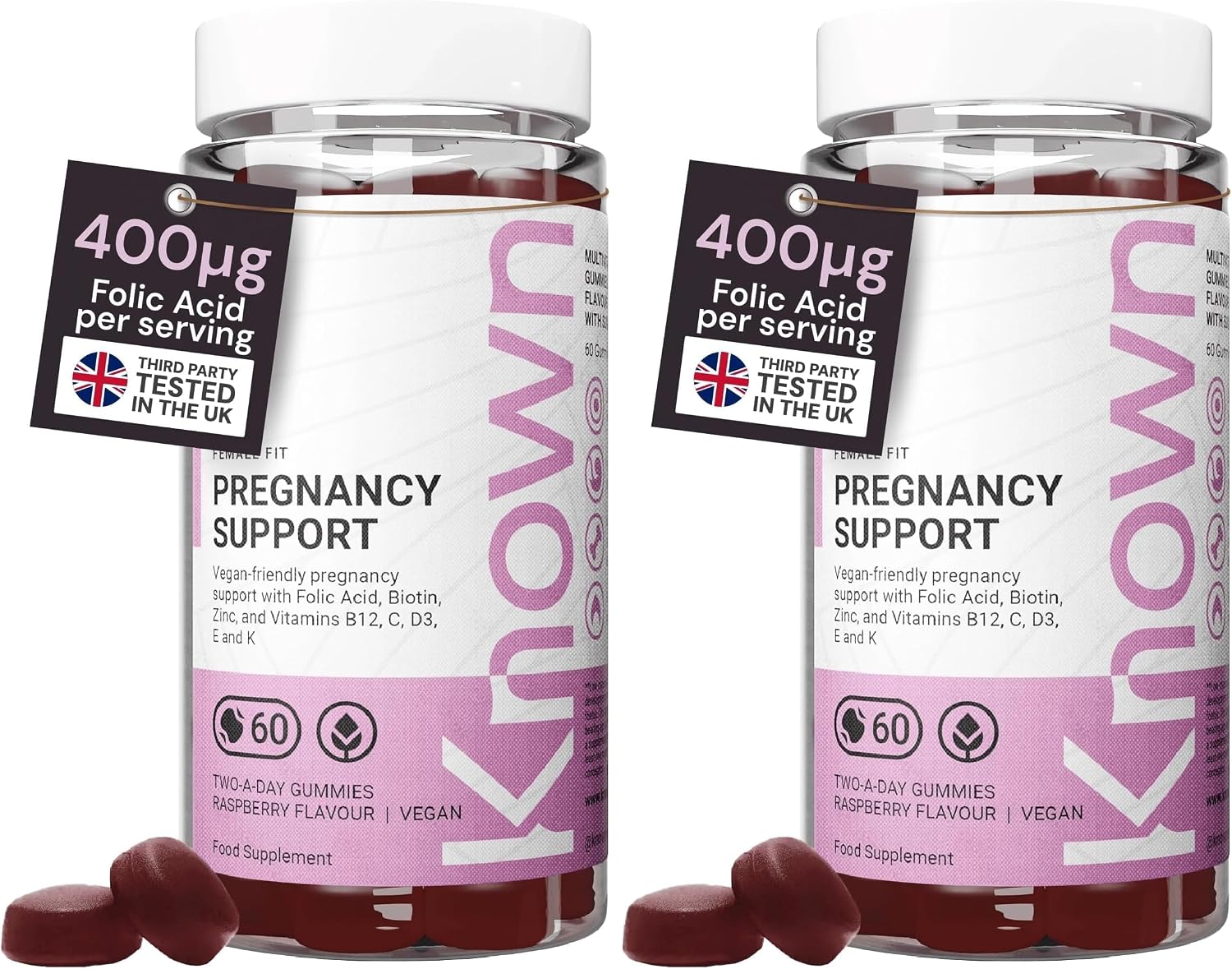 Known Pregnancy Support Gummies 400mcg Folic Acid – 1 Month – Raspberry (Pack of 2)