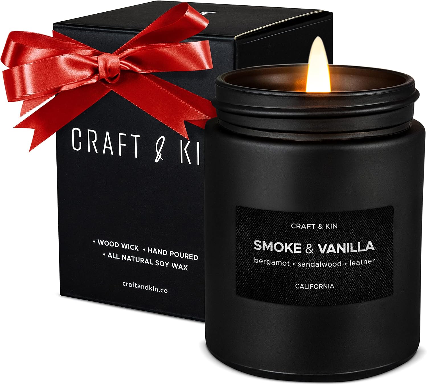 Premium Smoke & Vanilla Candle | Christmas Scented Candles for Men | Holiday Candles | Soy Candle | Fall Candles for Home Scented | Black Candles, Long Lasting Candles with 45 Hour Burn Time 7.6oz