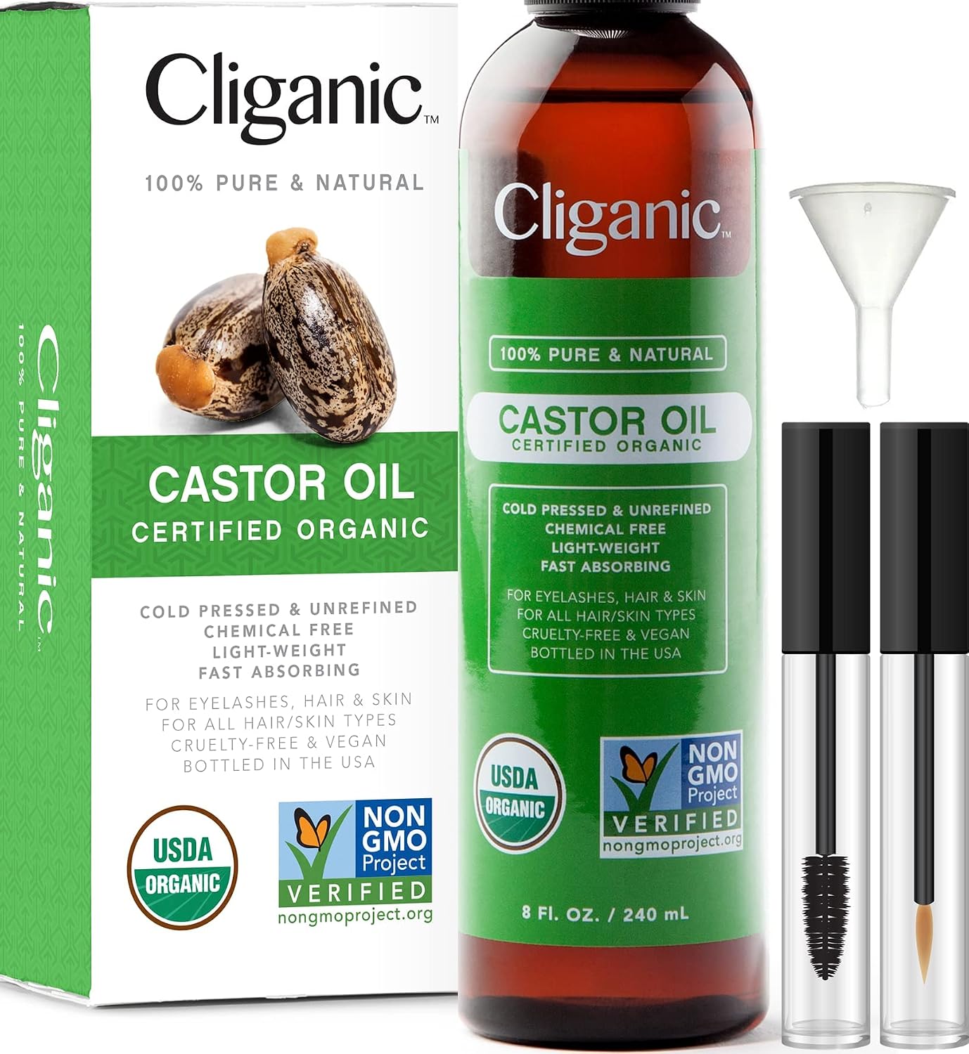 Cliganic Organic Castor Oil, 100% Pure (240ml with Eyelash Kit) - For Hair, Lash, Brows & Skin | Natural Cold Pressed Unrefined Hexane-Free | DIY Carrier Oil | Cliganic 90 Days Warranty