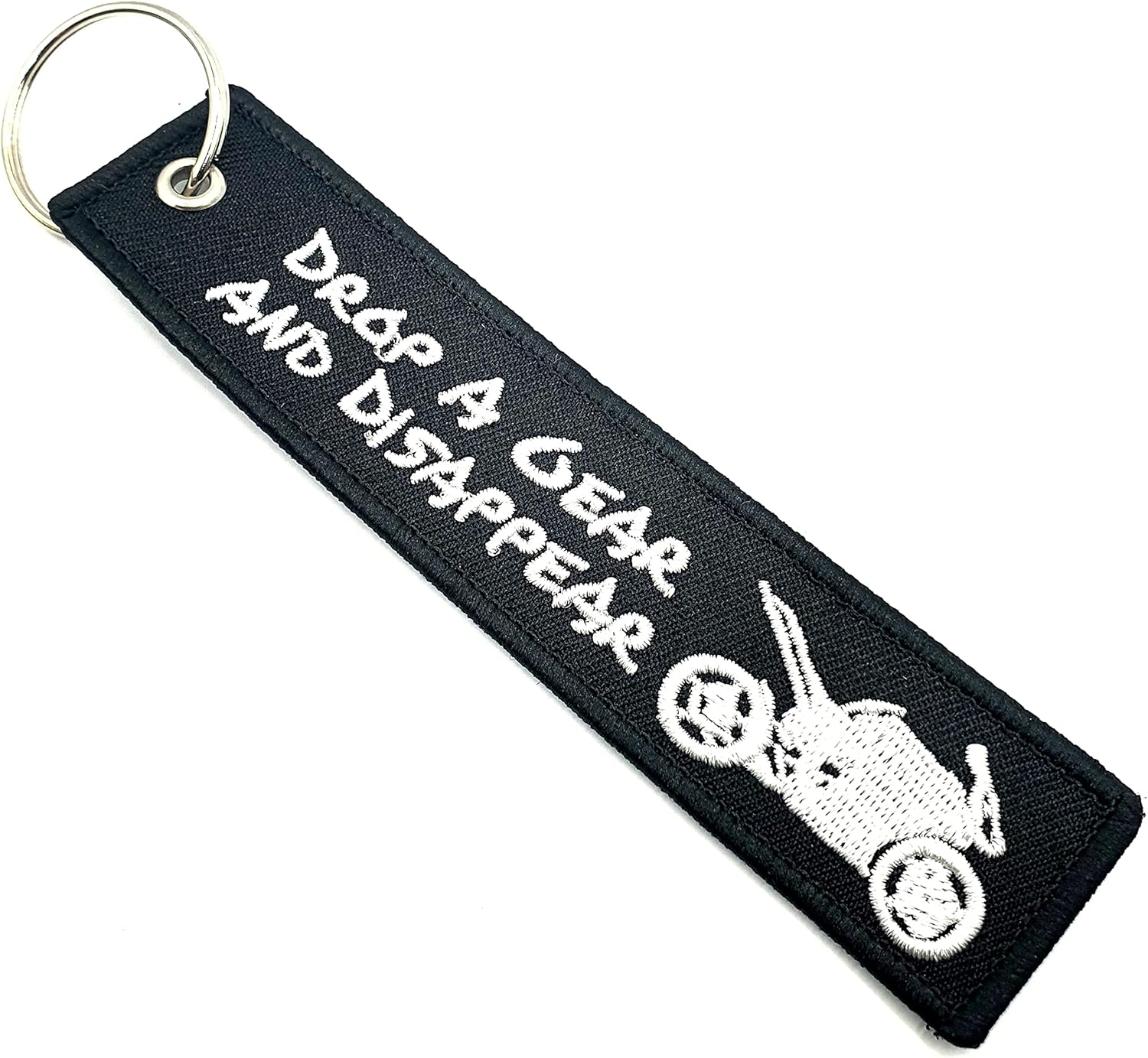 SNS Components Drop A Gear And Disappear Motorbike Biker Black Embroidered Woven Luggage Tag Keyring Keychain