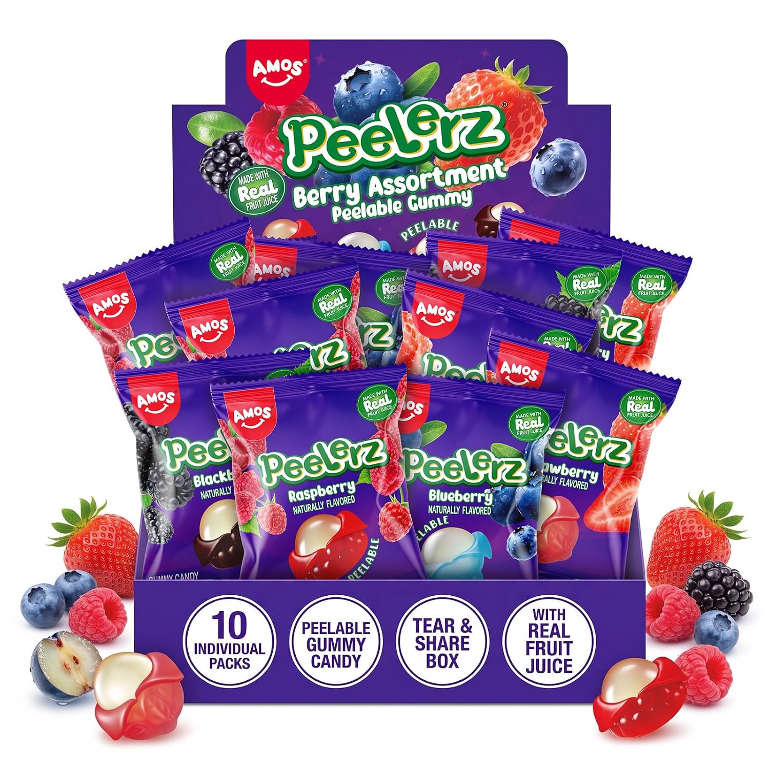 AMOS Peelerz Berry Assortment Gummy Candy 240g | Peelable Fruit-Shaped Gummies Made with Real Fruit Juice | Fun Peeling Snack for Kids & Adults | Peelerz Assorted Gummy Berry Mix