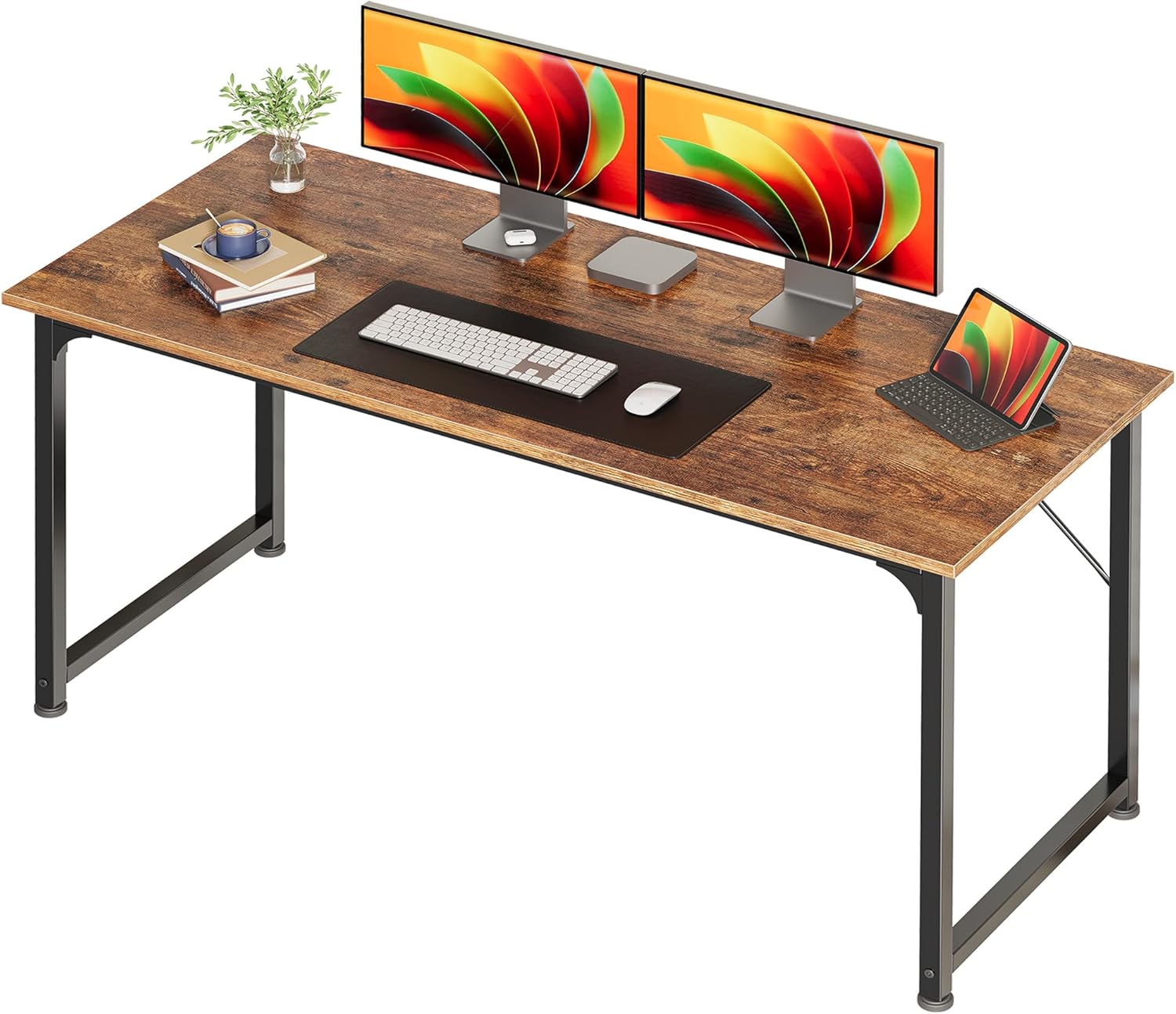 Huuger Computer Desk, 55 Inch Home Office Desk, Gaming Writing Work from Home Study Desk, Large Legroom, Sturdy Metal Frame, Modern Simple, Rustic Brown