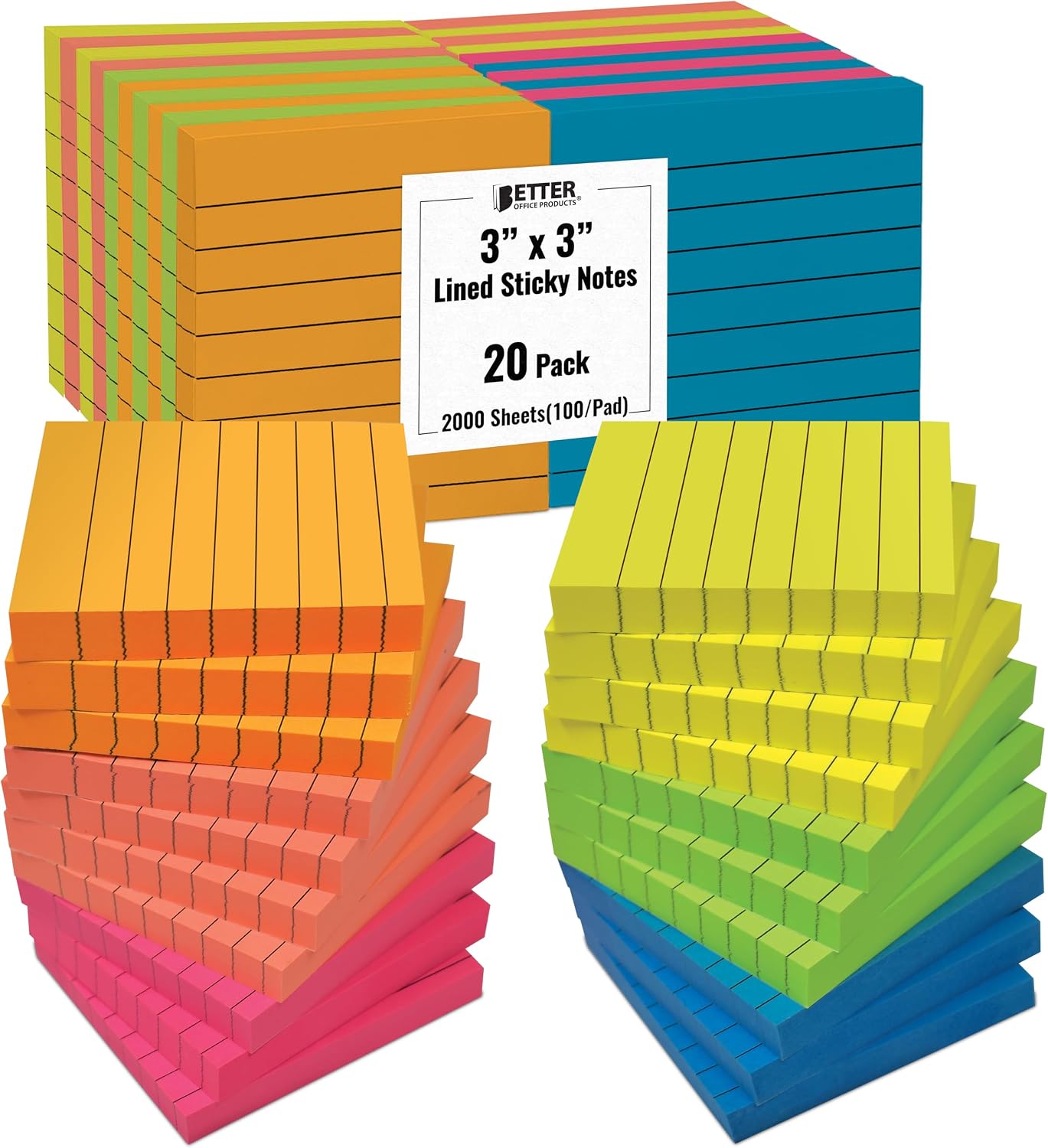 Better Office Products Lined Sticky Notes 3 x 3, 20 Pack Box, 2,000 Sheets (100/Pad), Self Stick Notes with Lines, Bright Assorted Colors, Post Memos, Strong Adhesive, 20 Pads in Box