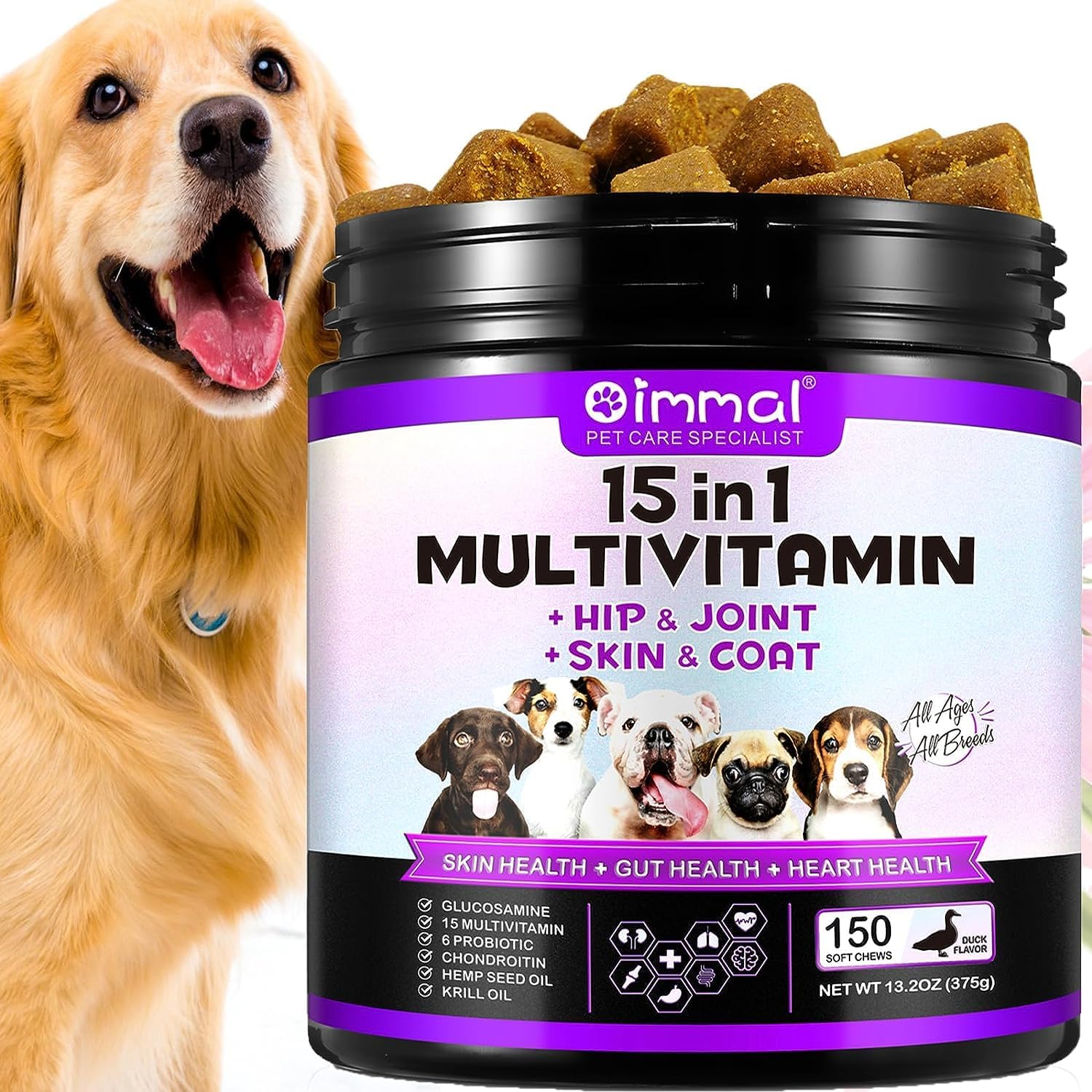 Yecuce 15 in 1 Multivitamin for Dogs, 150 Counts Dog Vitamins and Supplements for Joint Support, Digestion, Heart,Skin, Coat Care,Vitamins A, E, D3, B12, Duck Flavor (150 counts)