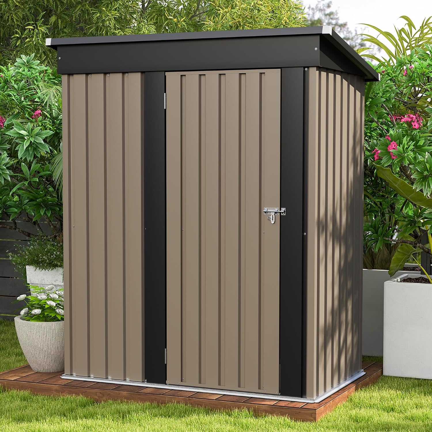 Patiowell 5x3 FT Outdoor Storage Shed, Brown | Tool Shed, Sloping Roof, Lockable Door, Metal Shed for Backyard Garden Patio Lawn