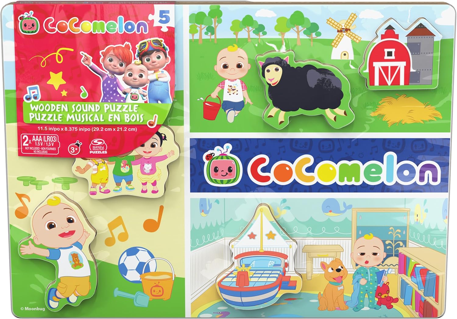 Spin Master Games, Cocomelon Chunky Musical Wooden Sound Puzzle, Plays Cocomelon Song, Kids Puzzle, Easy Activity Toy for Preschoolers, for Kids & Family, 5 Pieces, for Ages 3 & Up